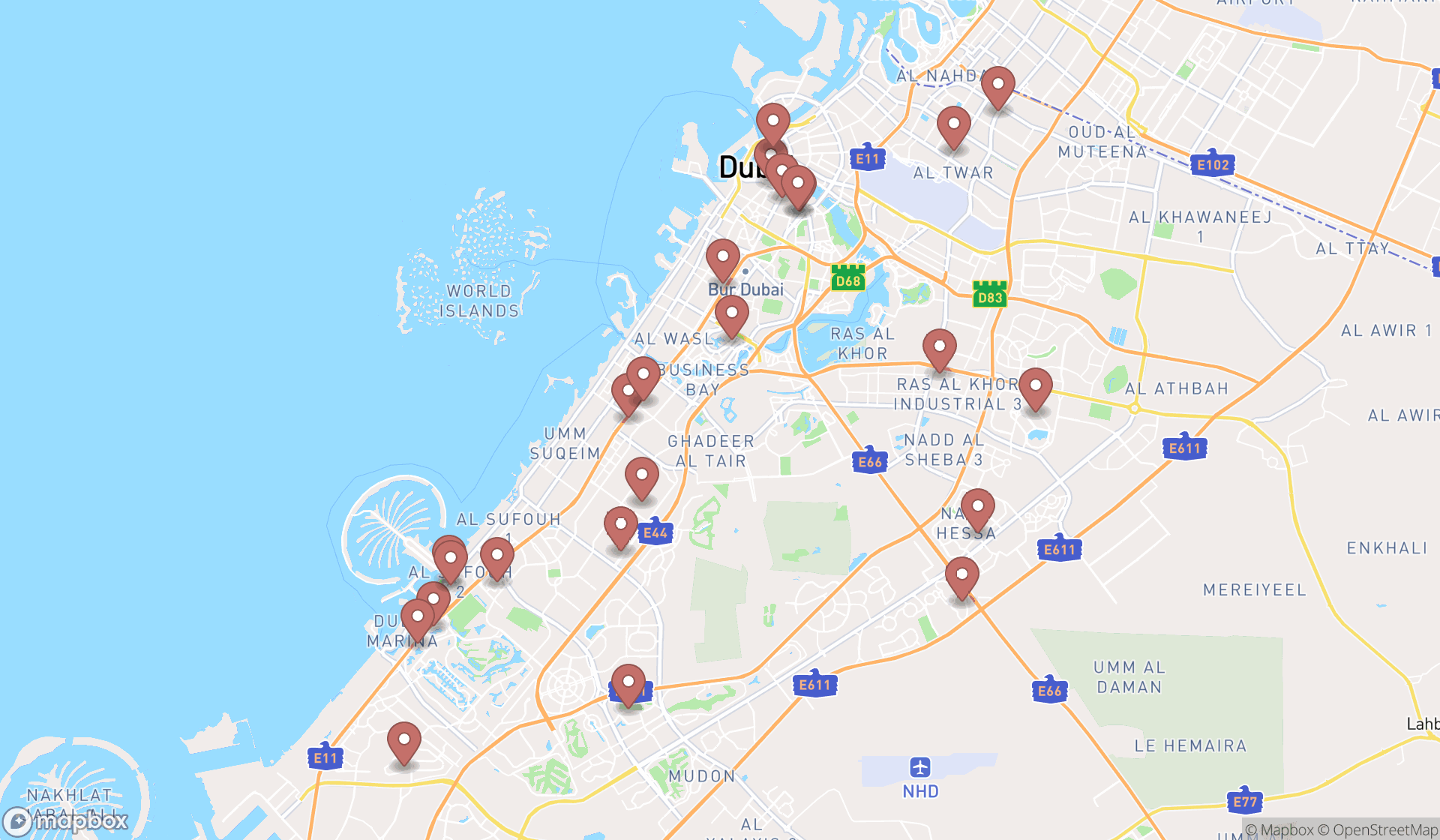 Map showing the search results in Dubai