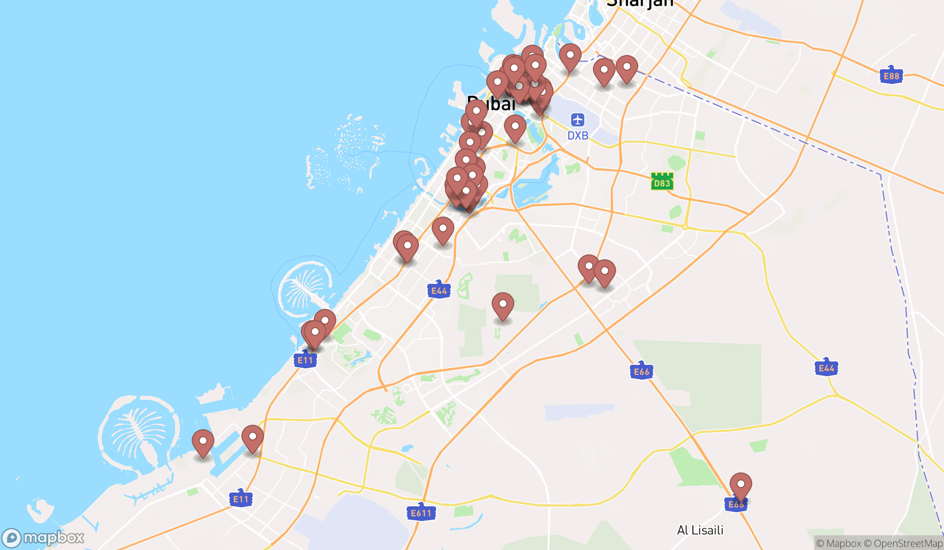 Map showing the search results in Dubai