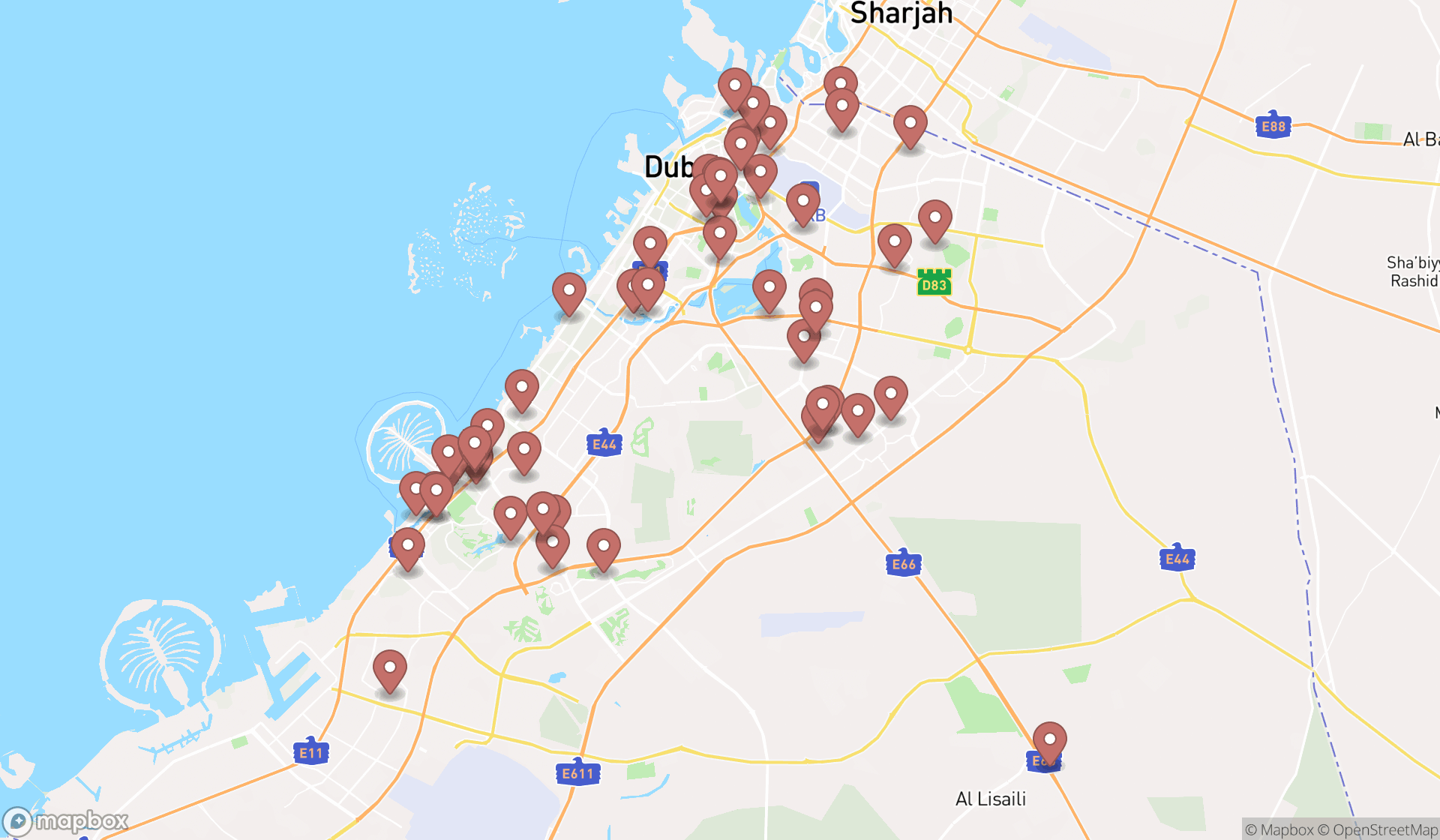 Map showing the search results in Dubai