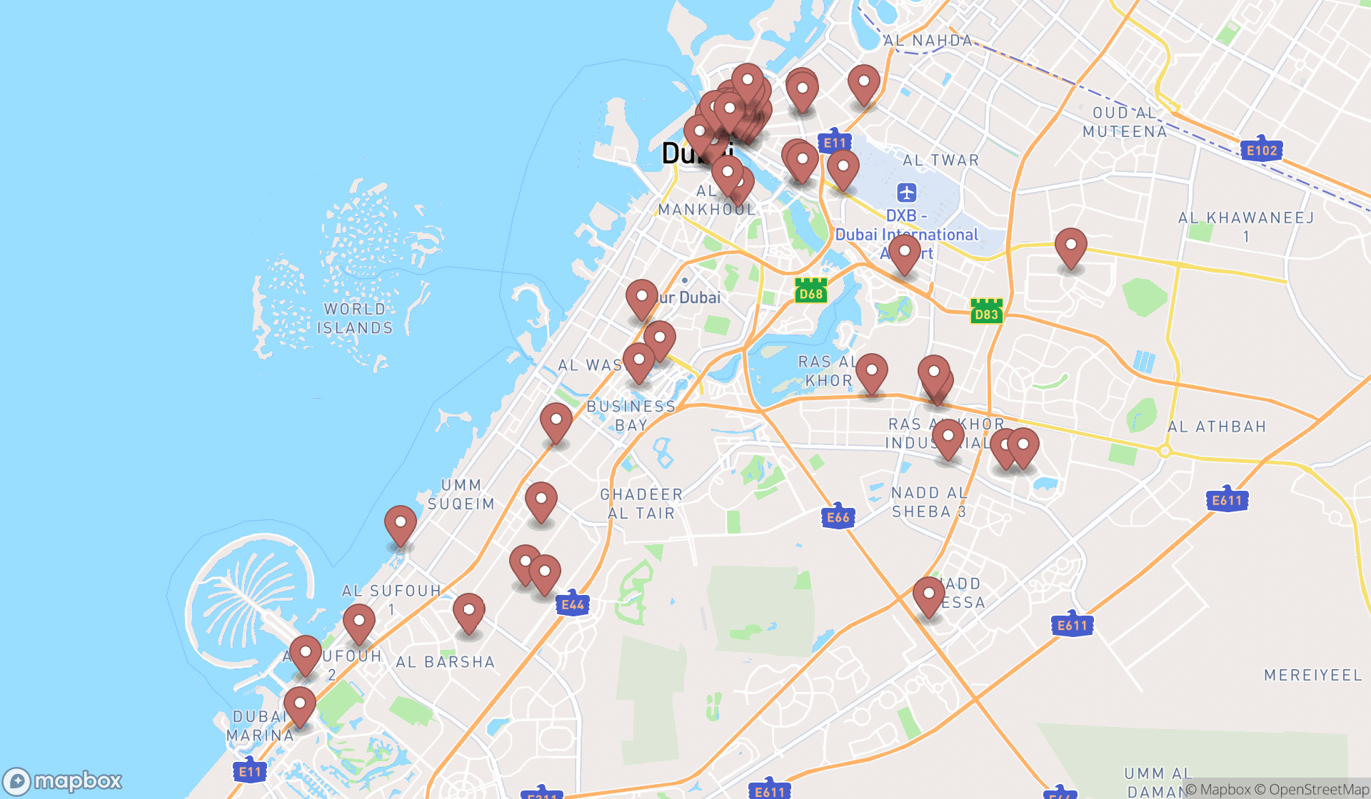 Map showing the search results in Dubai