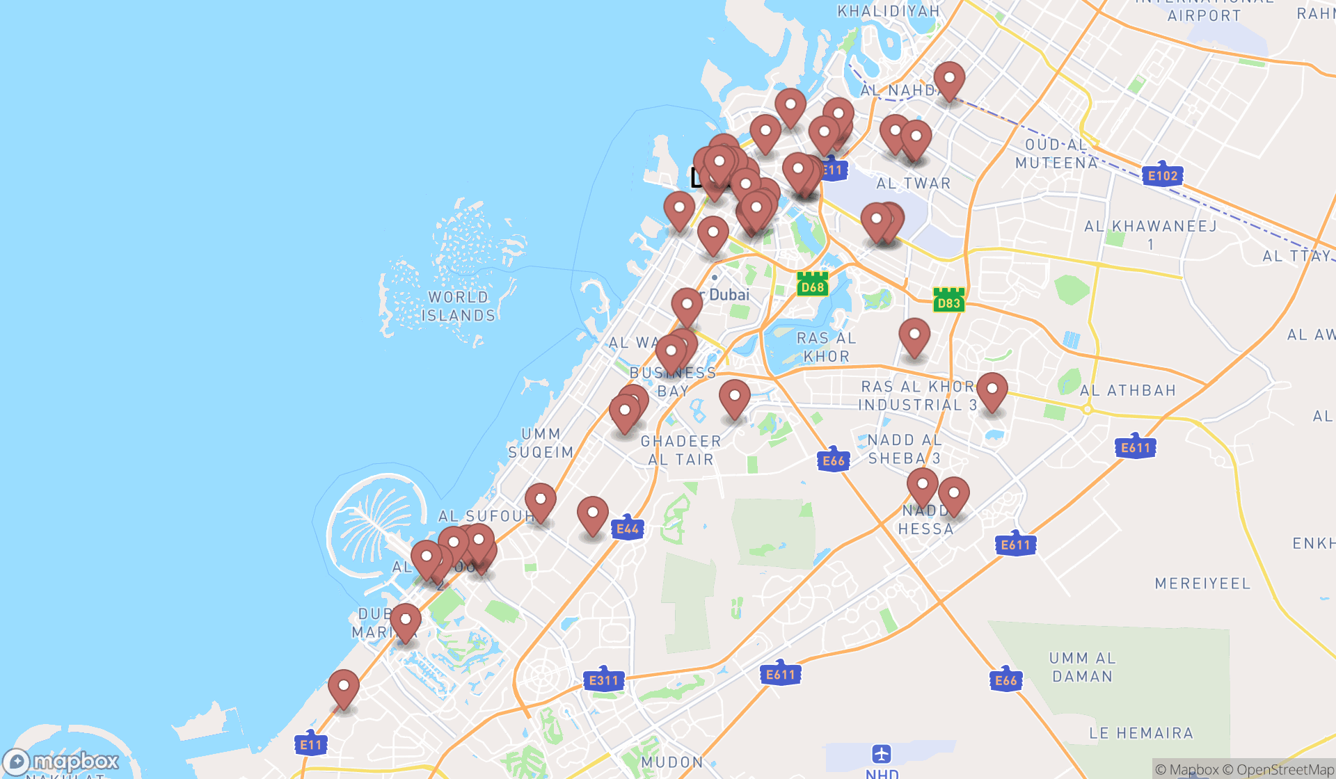Map showing the search results in Dubai