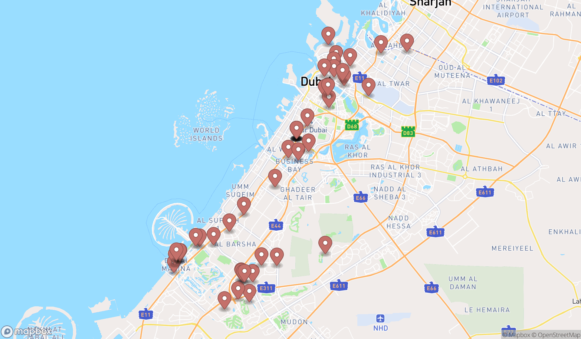 Map showing the search results in Dubai