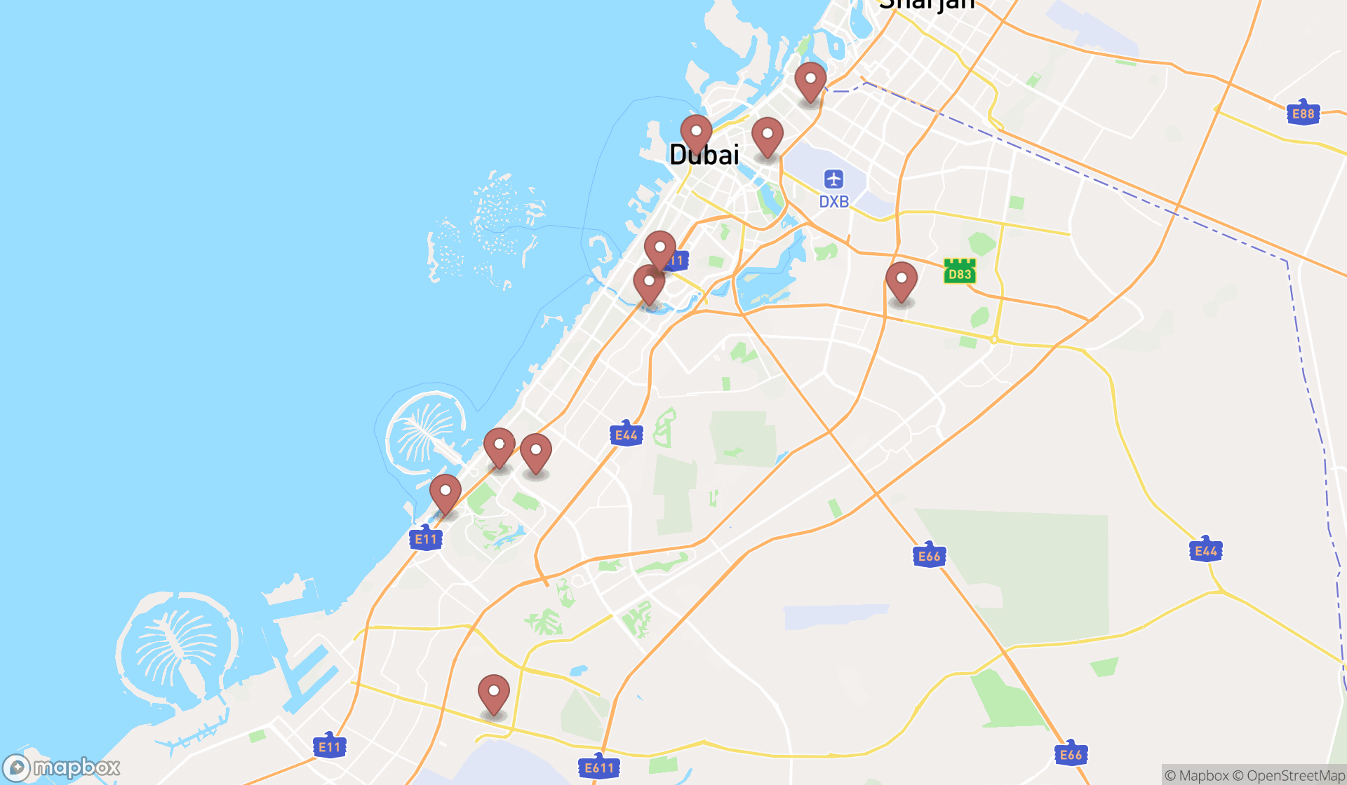 Map showing the search results in Dubai
