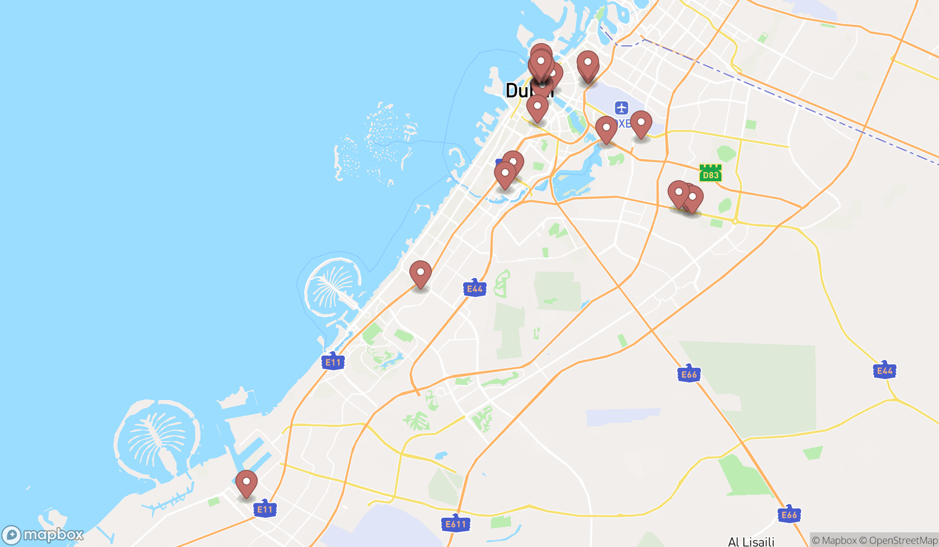 Map showing the search results in Dubai