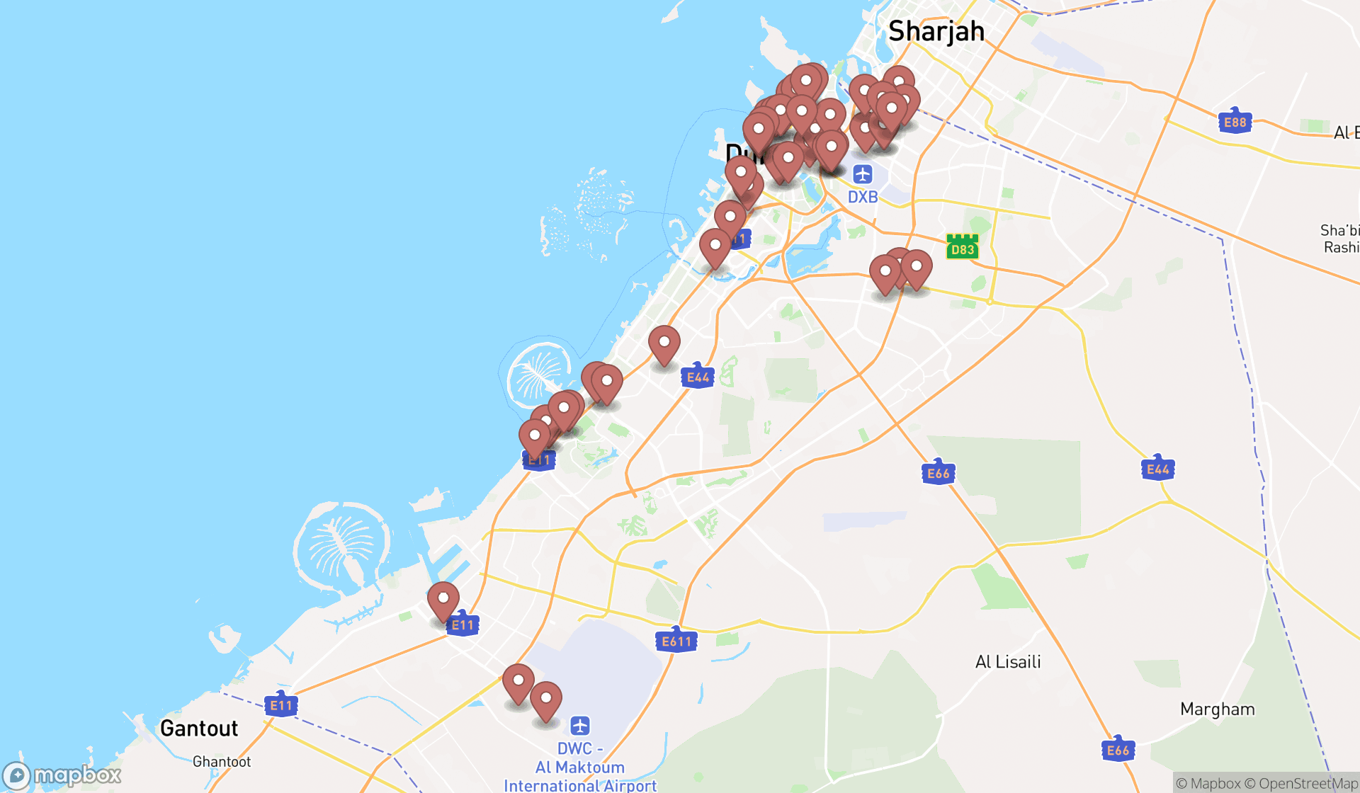 Map showing the search results in Dubai