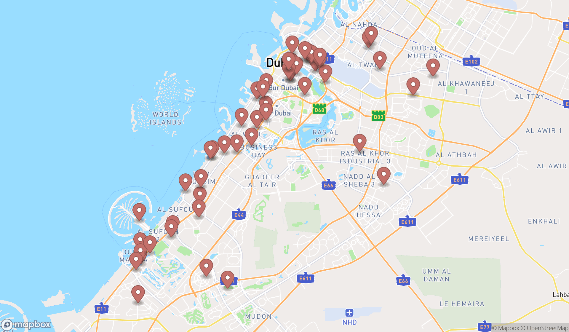 Map showing the search results in Dubai