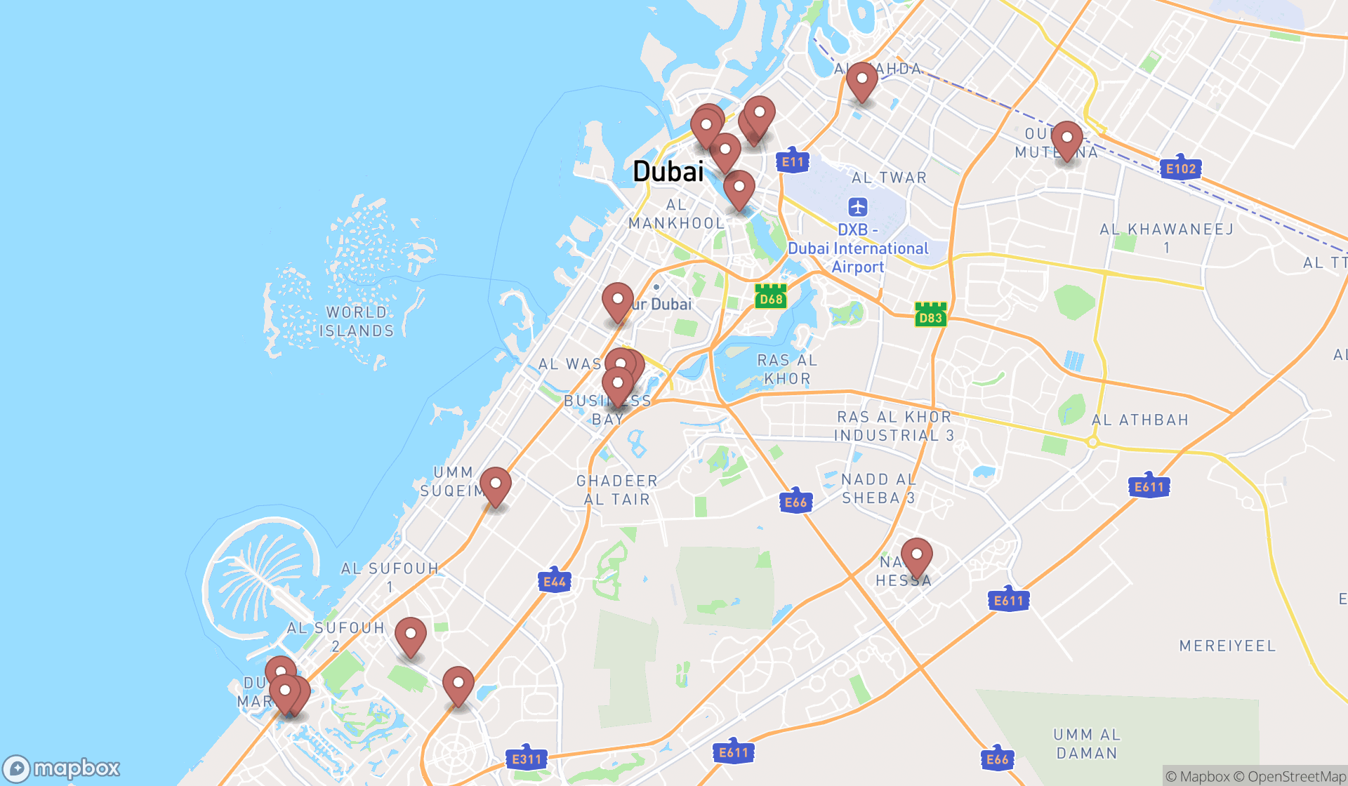 Map showing the search results in Dubai
