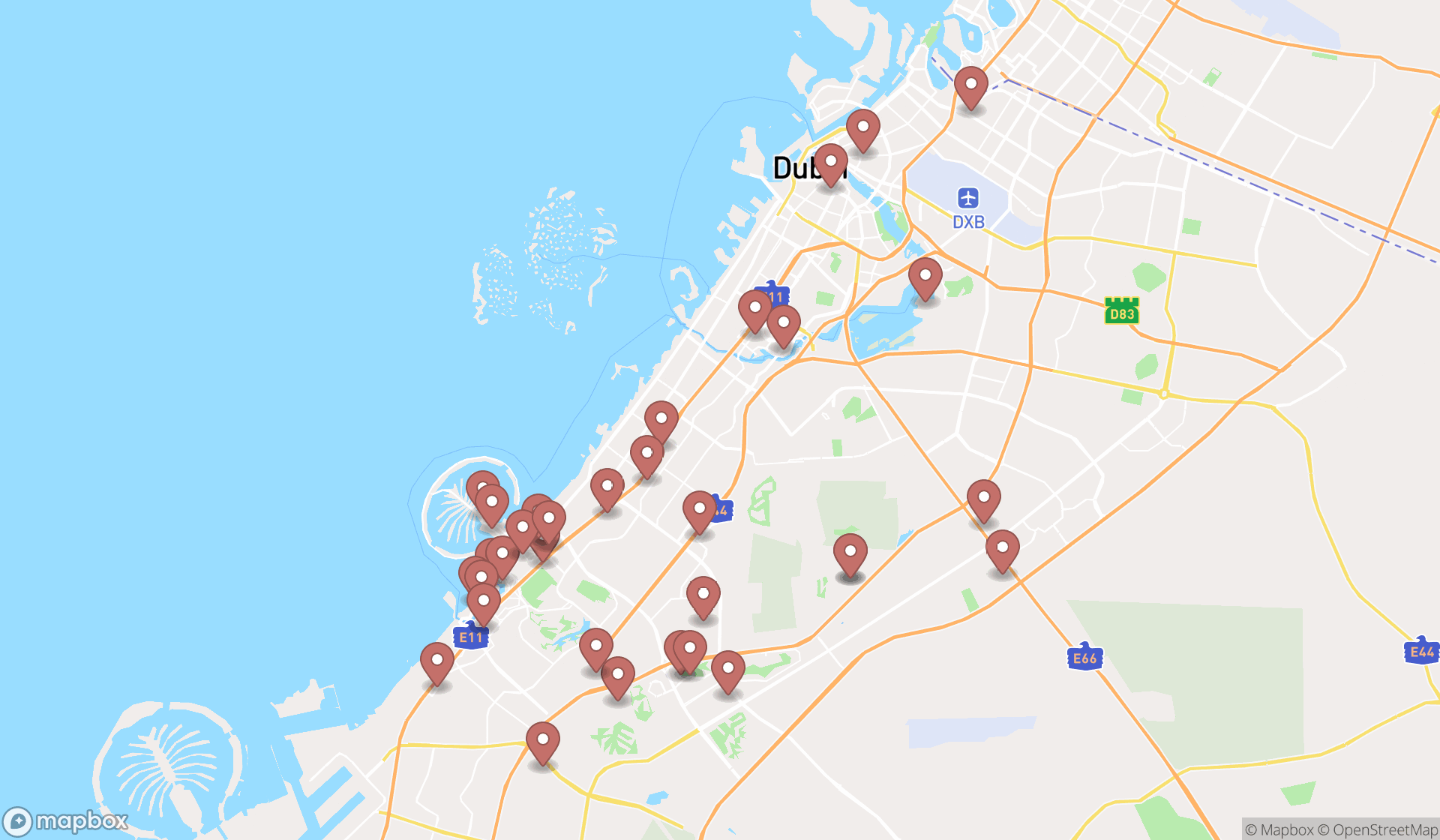 Map showing the search results in Dubai