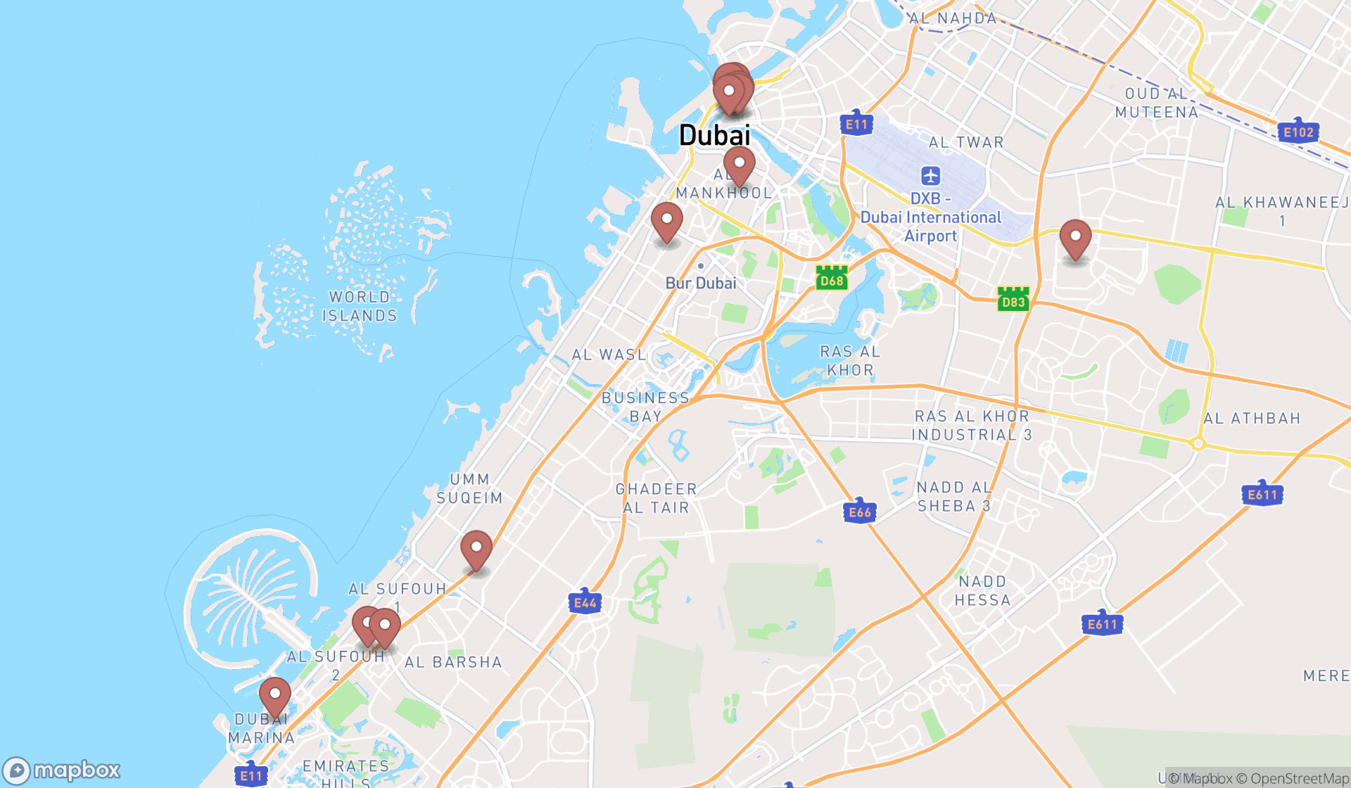 Map showing the search results in Dubai