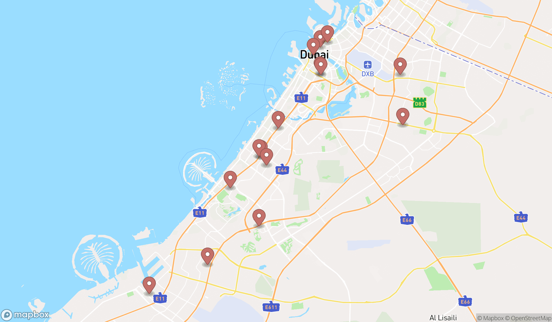 Map showing the search results in Dubai