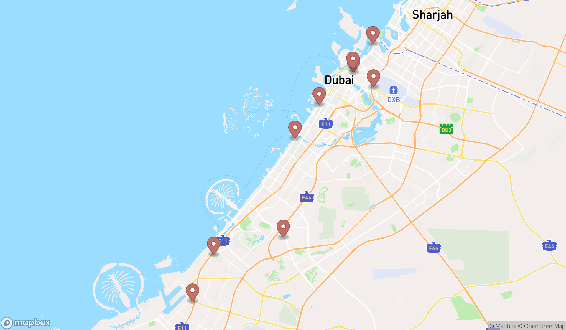 Map showing the search results in Dubai
