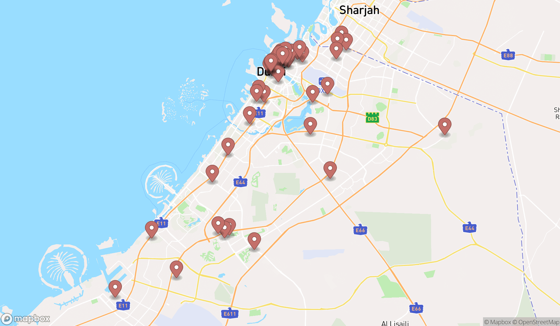 Map showing the search results in Dubai