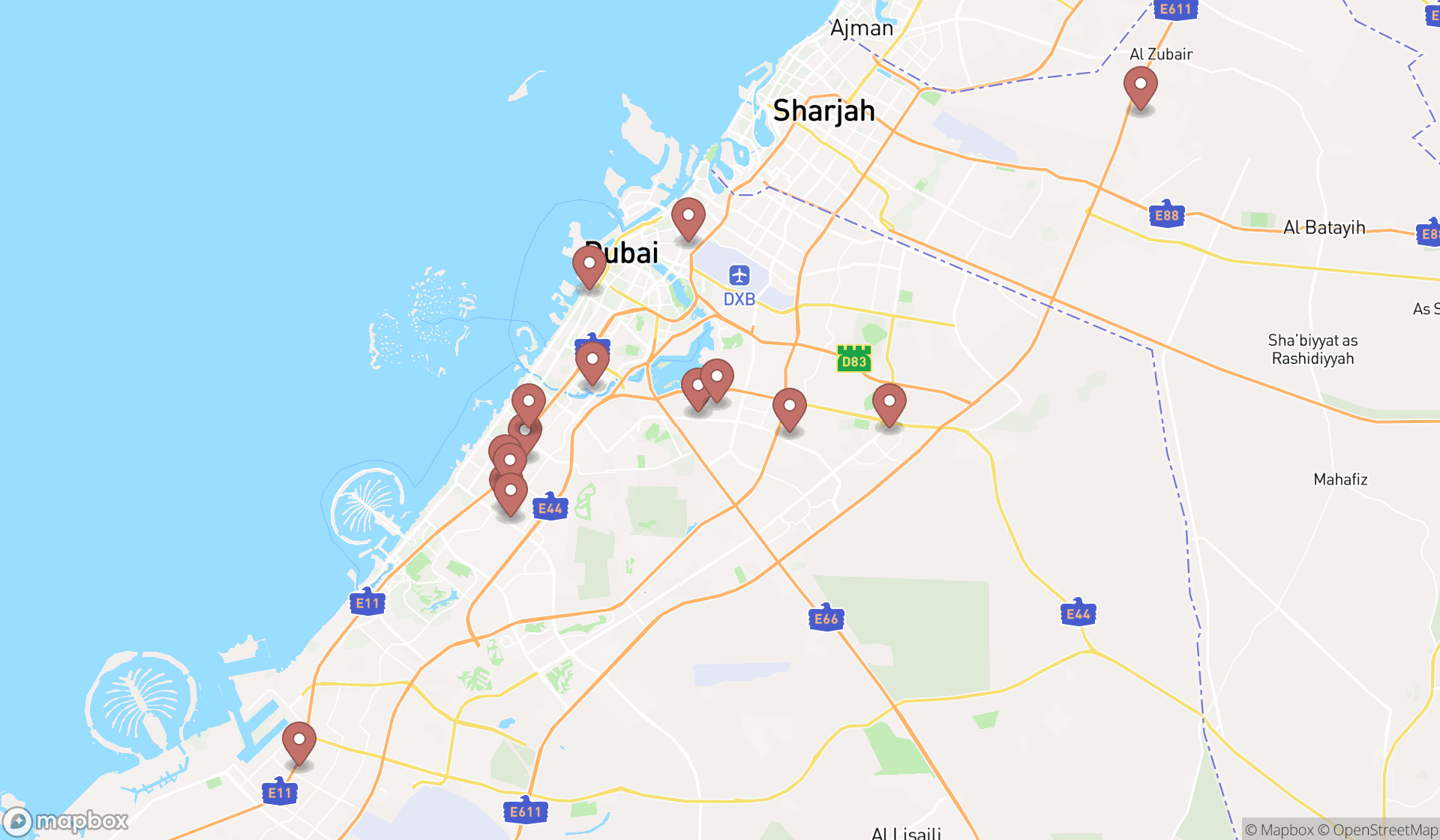 Map showing the search results in Dubai