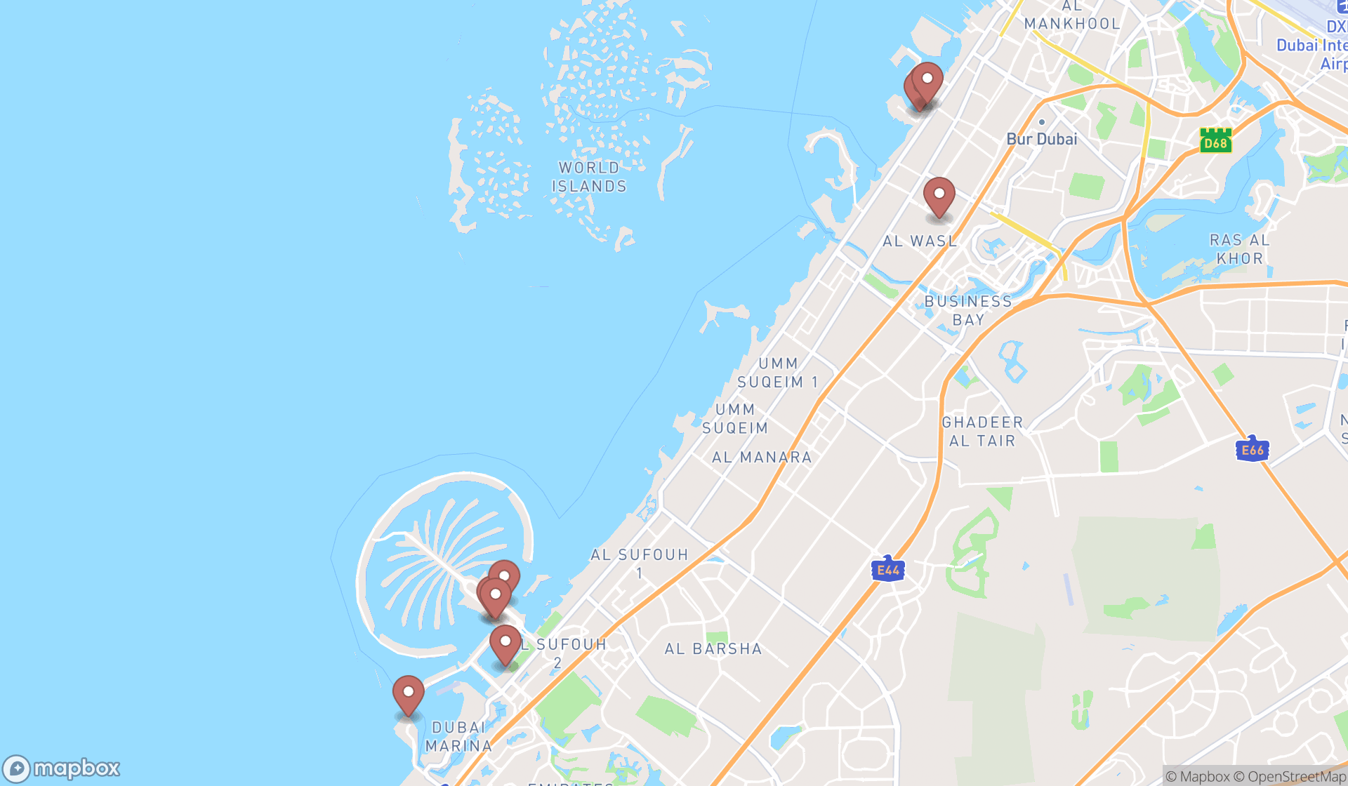 Map showing the search results in Dubai