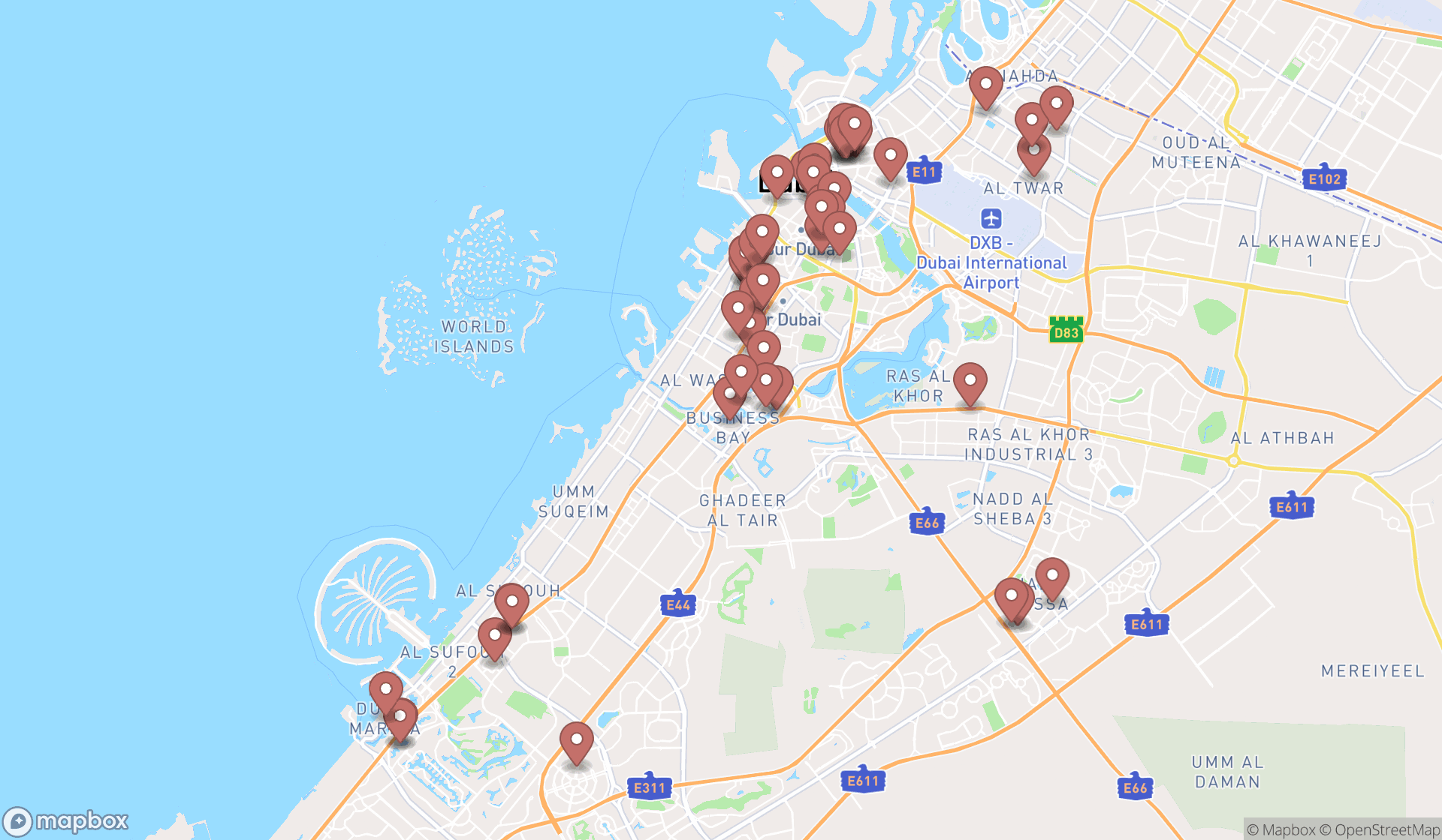 Map showing the search results in Dubai