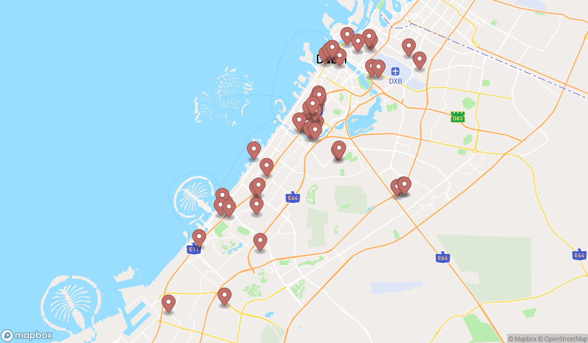 Map showing the search results in Dubai
