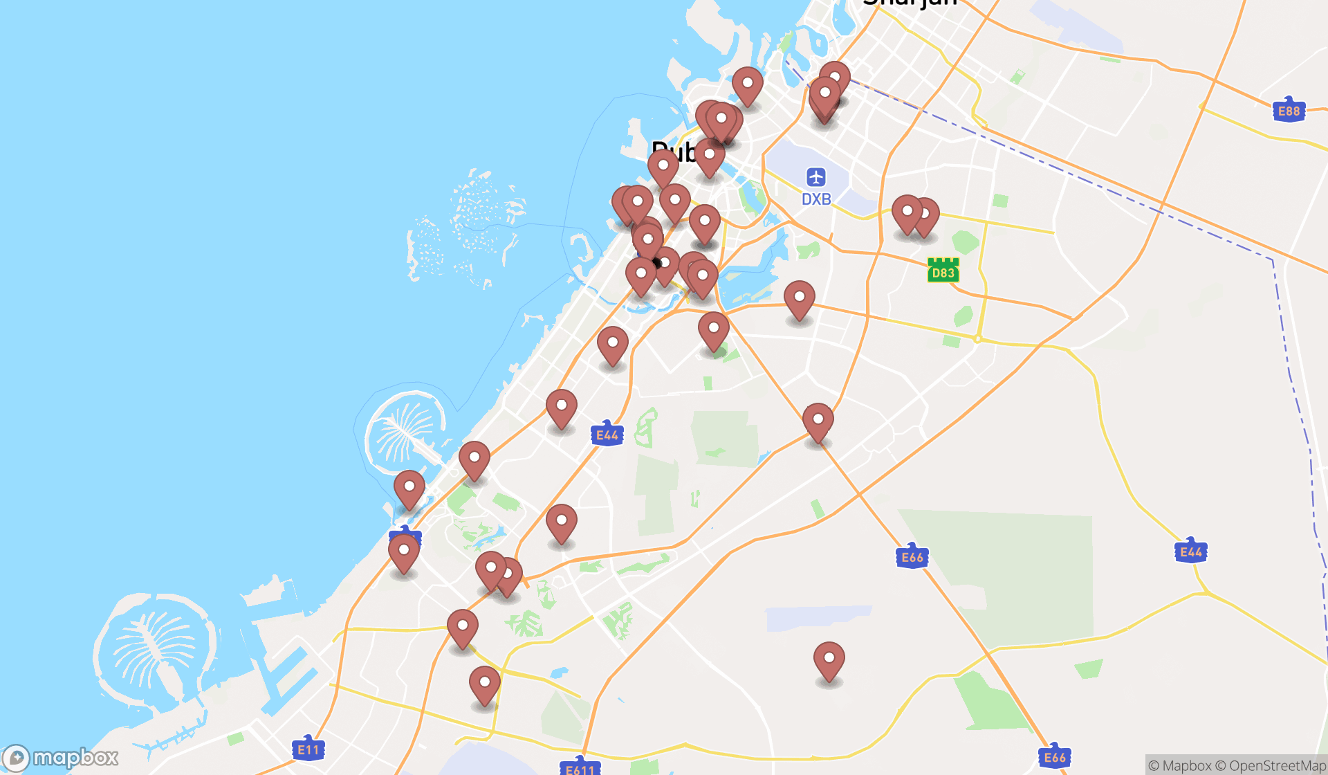 Map showing the search results in Dubai