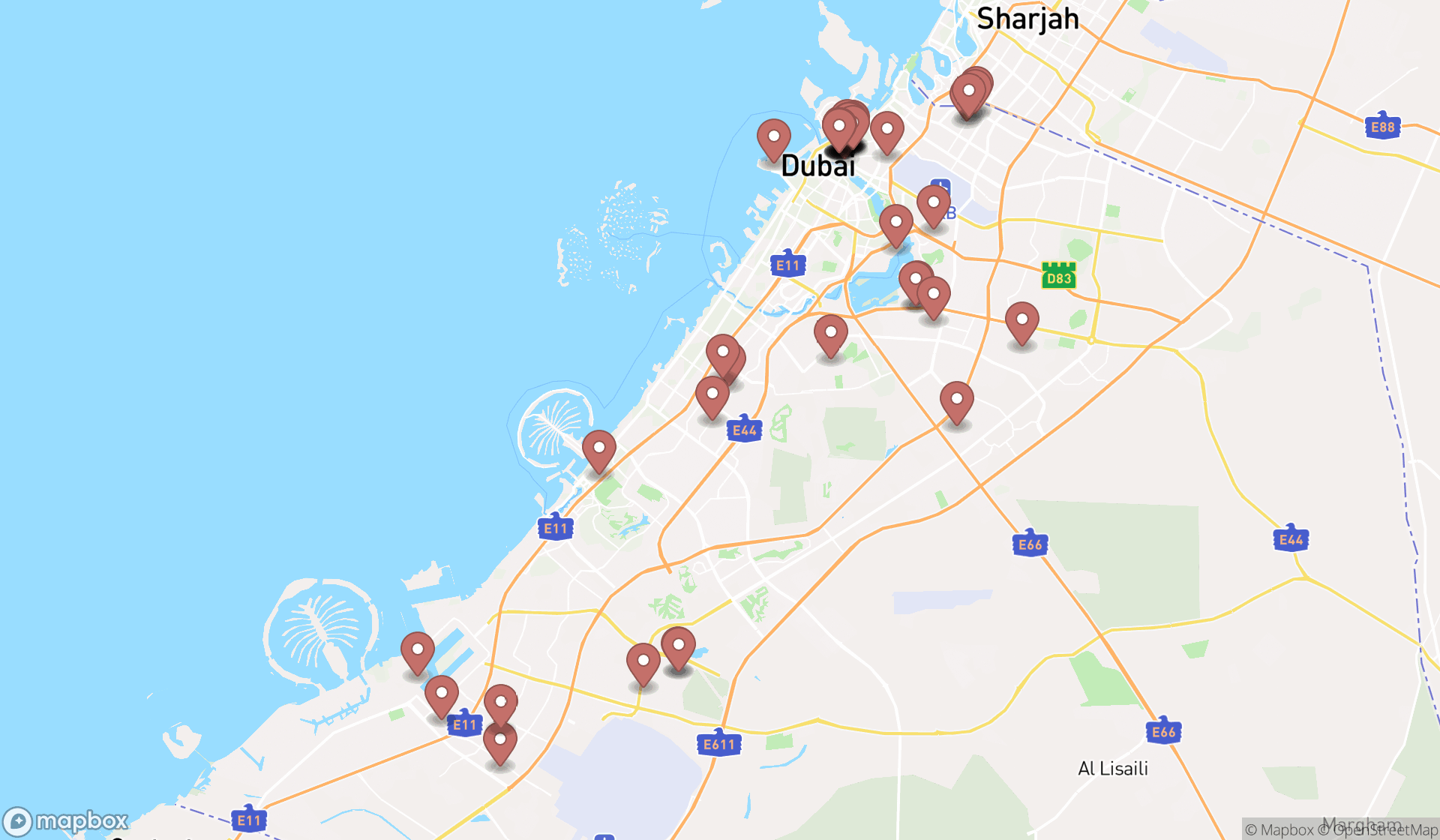 Map showing the search results in Dubai