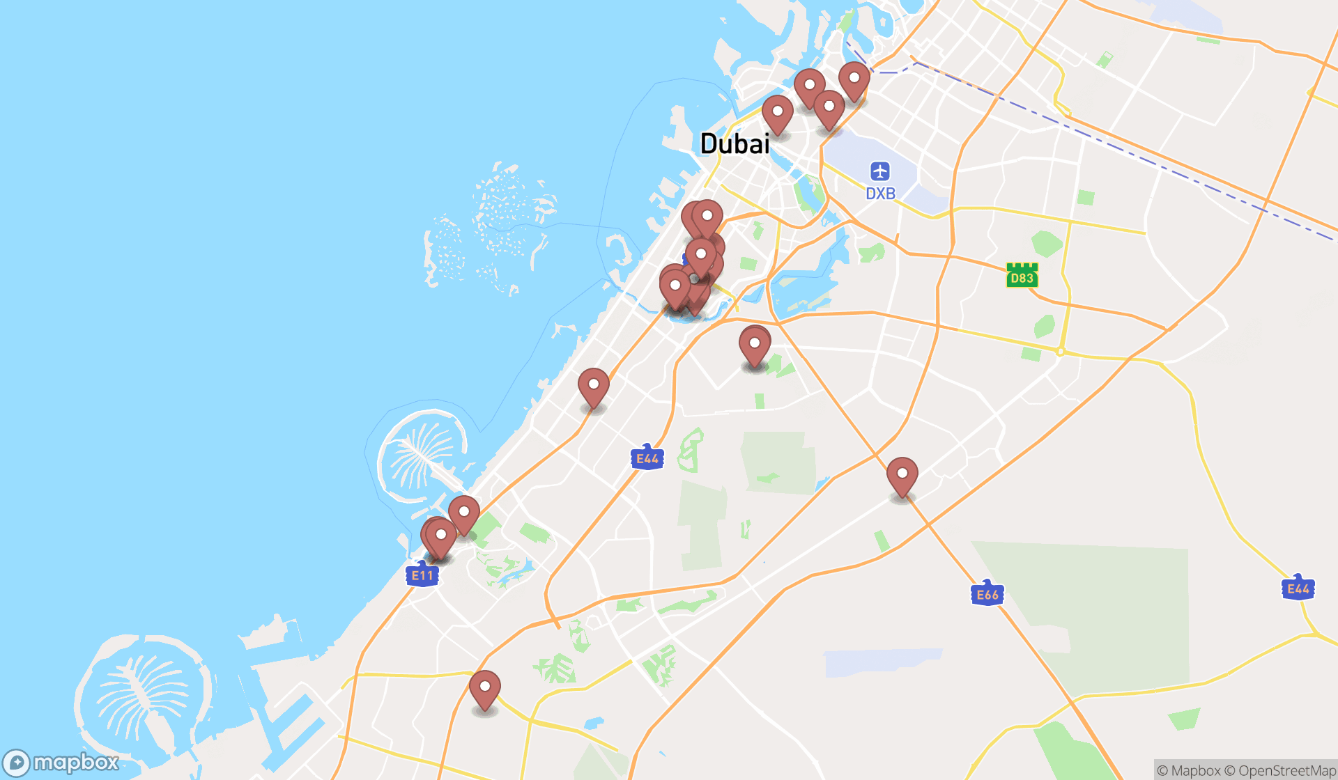 Map showing the search results in Dubai