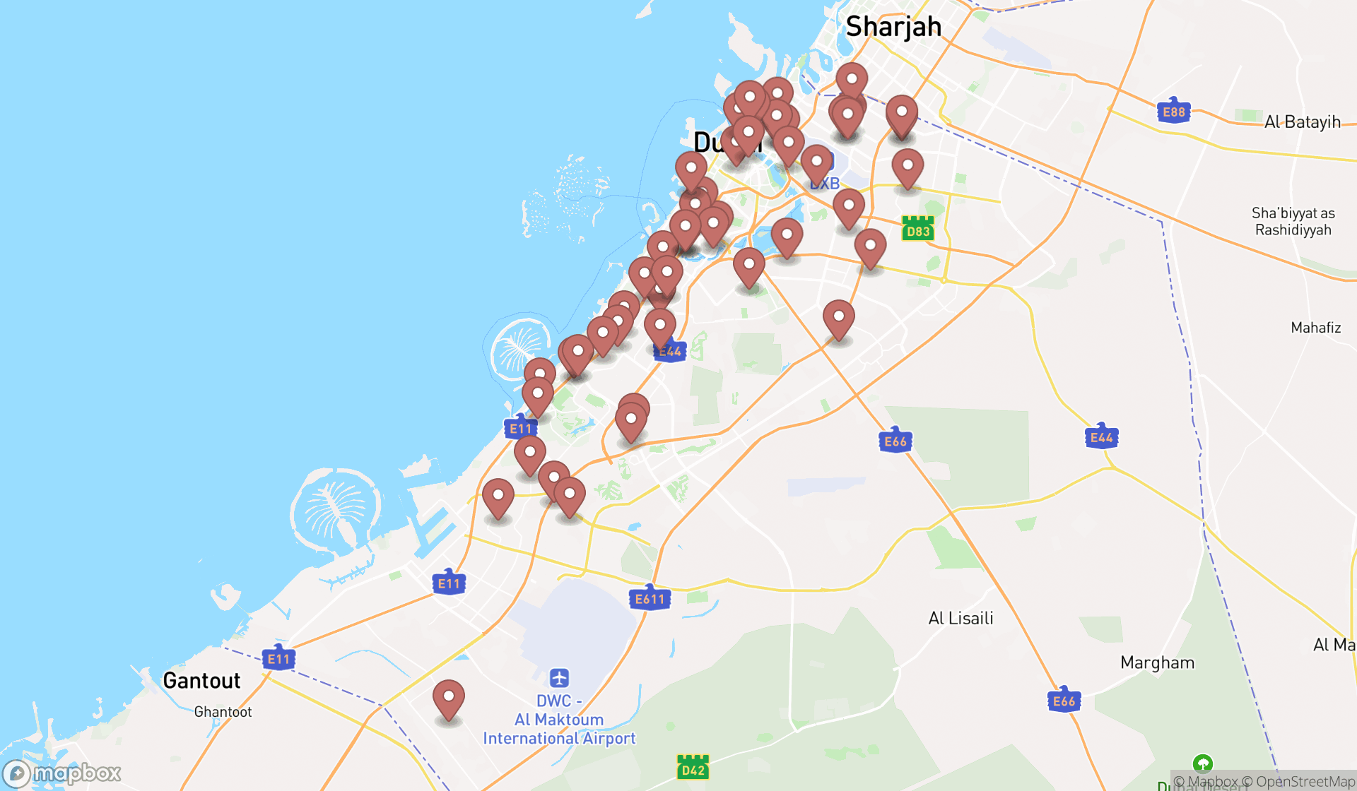 Map showing the search results in Dubai