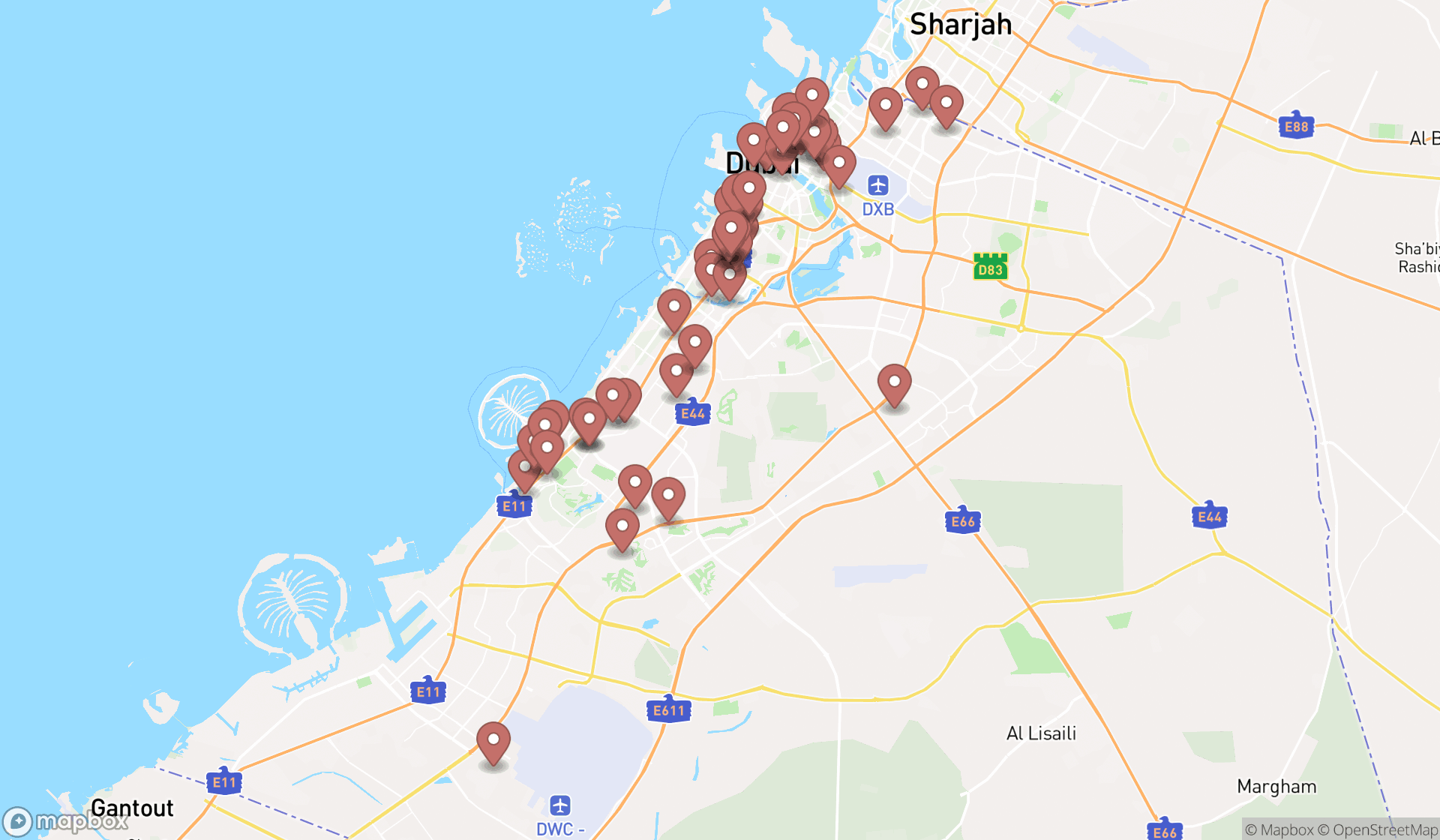 Map showing the search results in Dubai