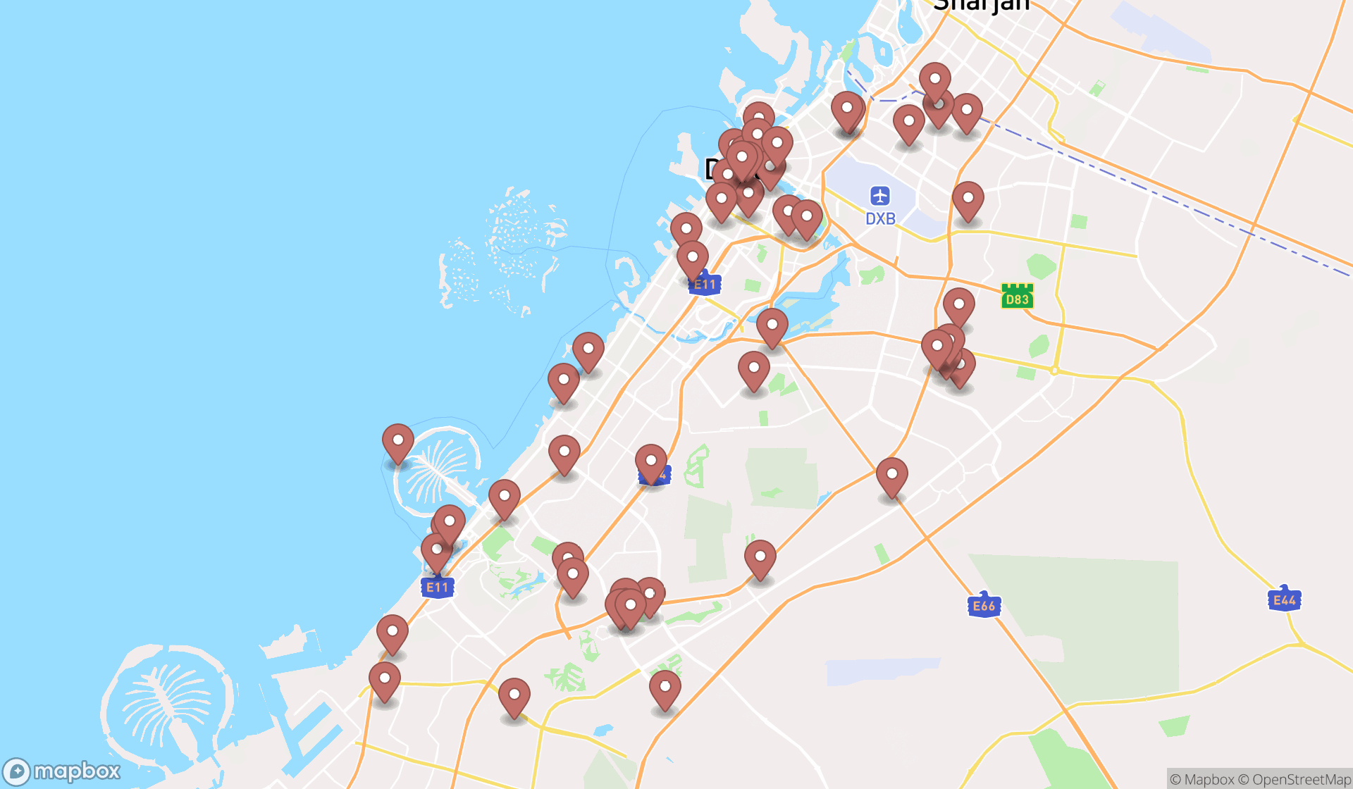 Map showing the search results in Dubai