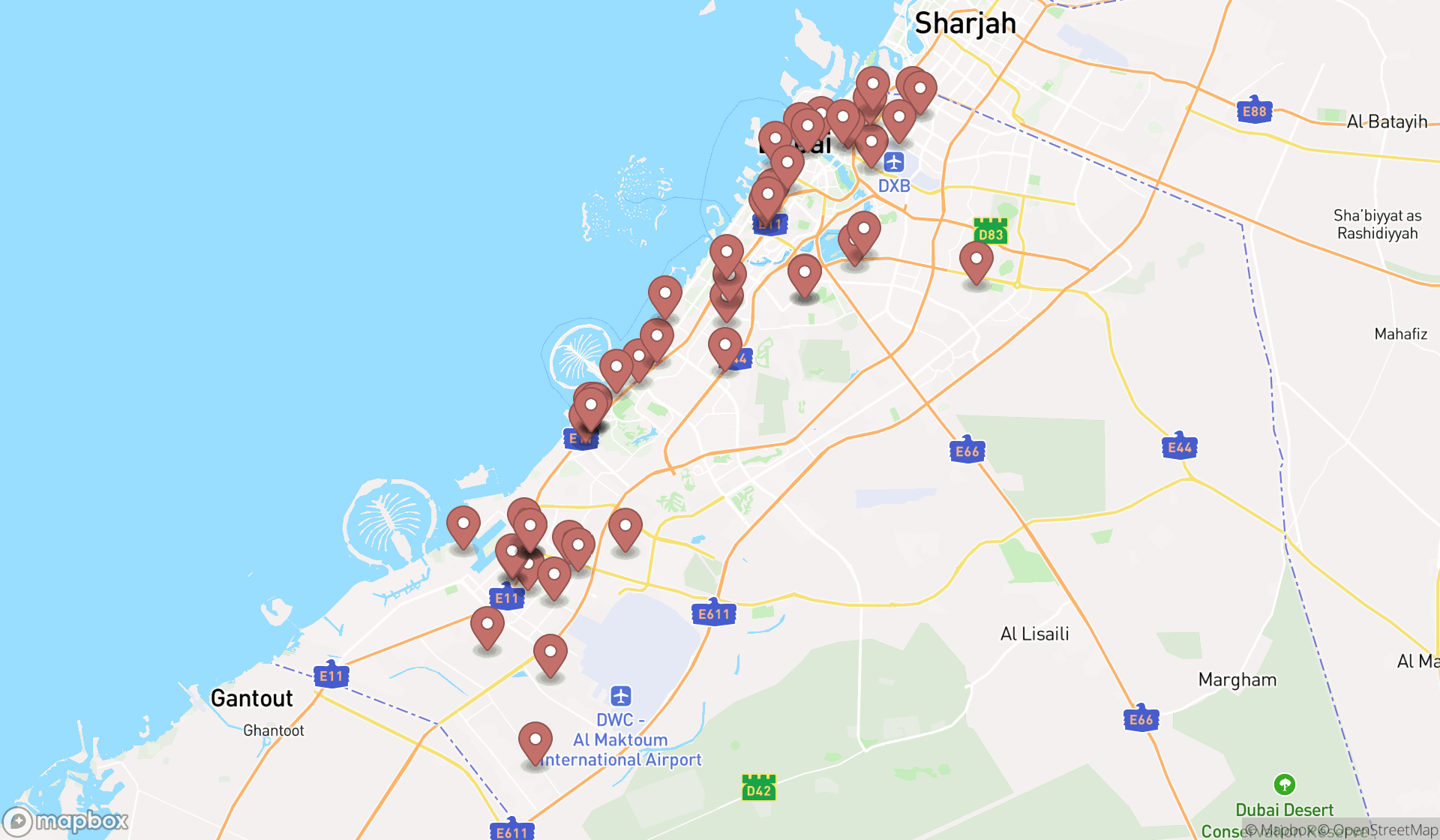 Map showing the search results in Dubai
