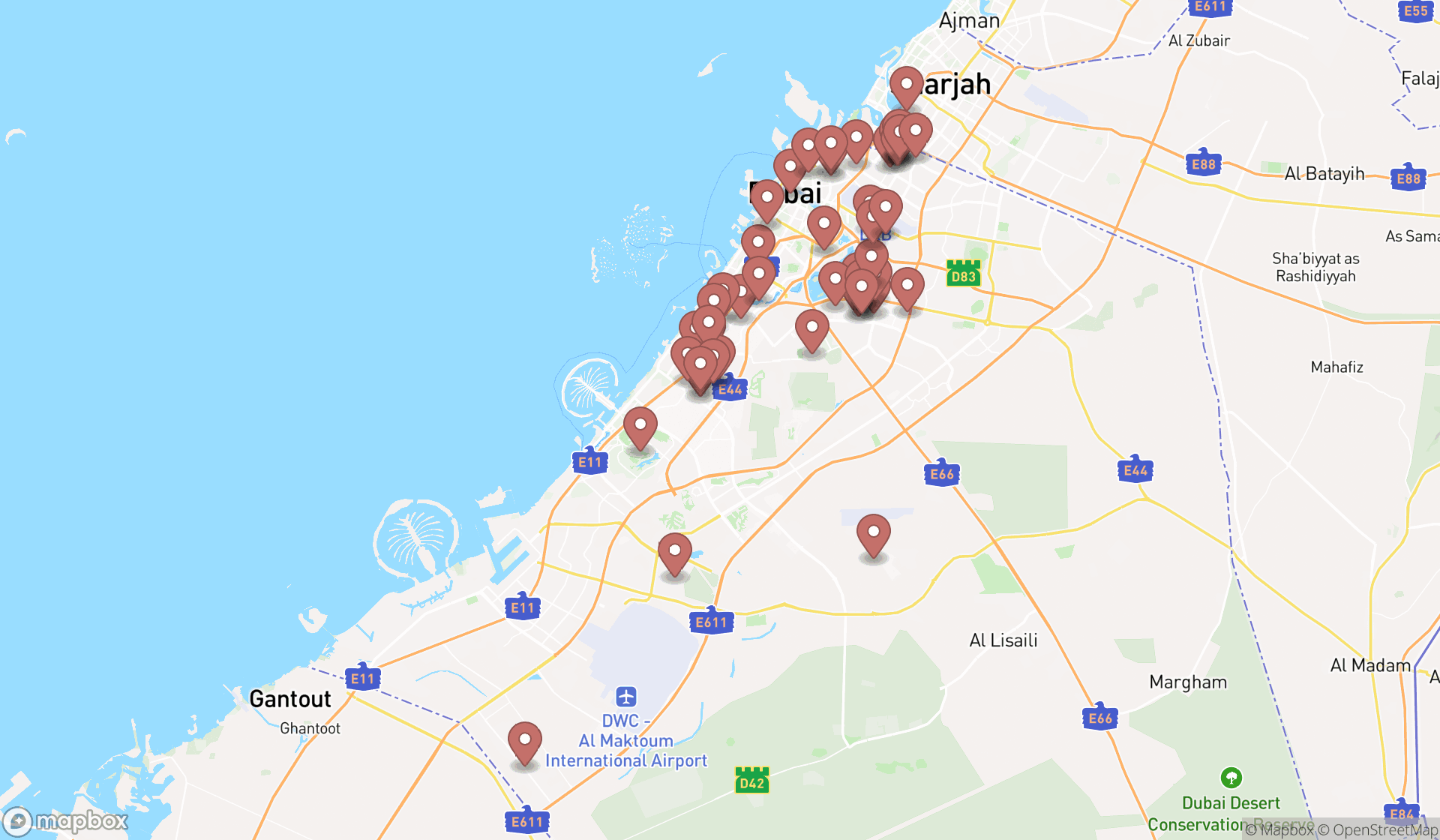 Map showing the search results in Dubai