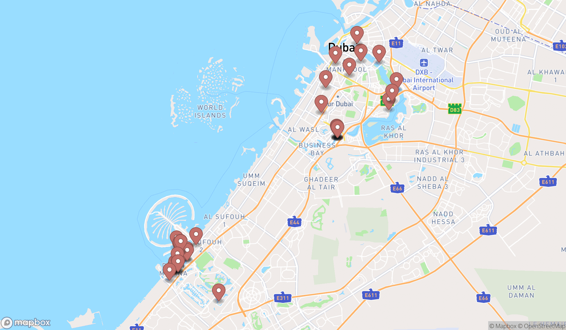 Map showing the search results in Dubai