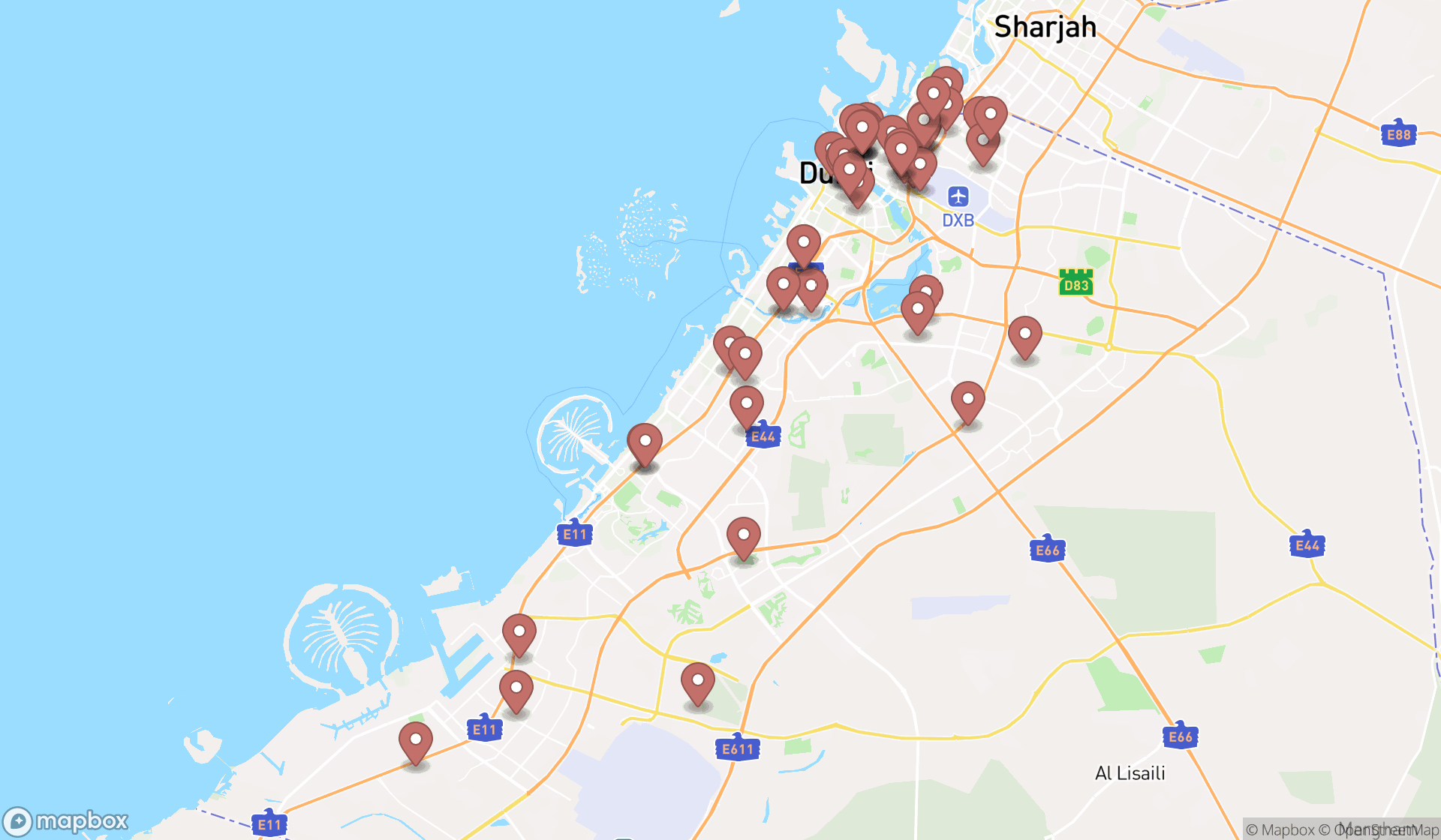 Map showing the search results in Dubai