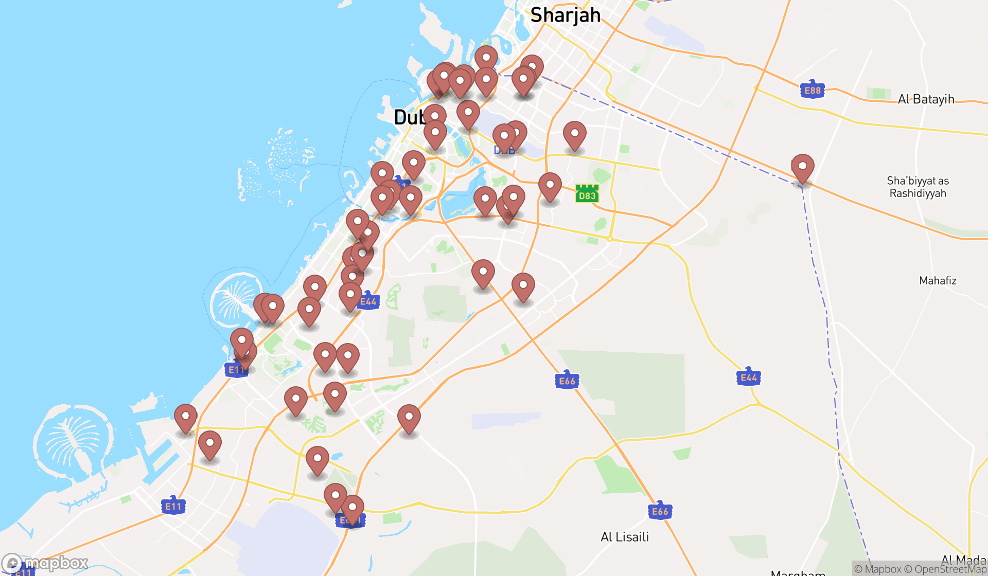 Map showing the search results in Dubai