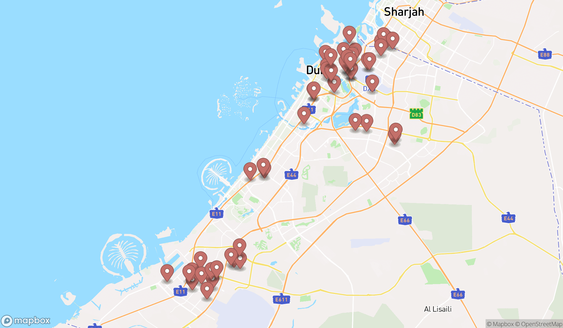 Map showing the search results in Dubai