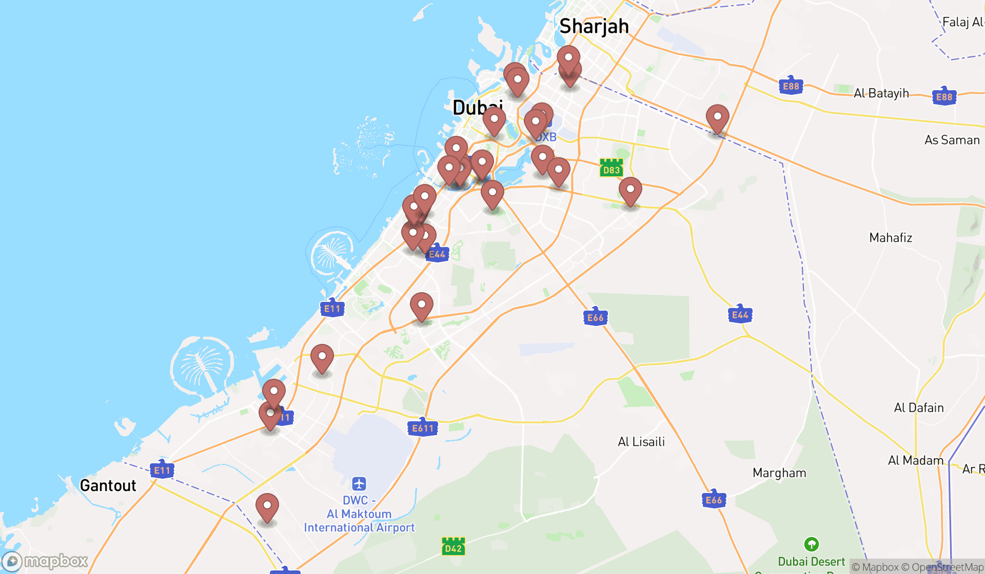 Map showing the search results in Dubai