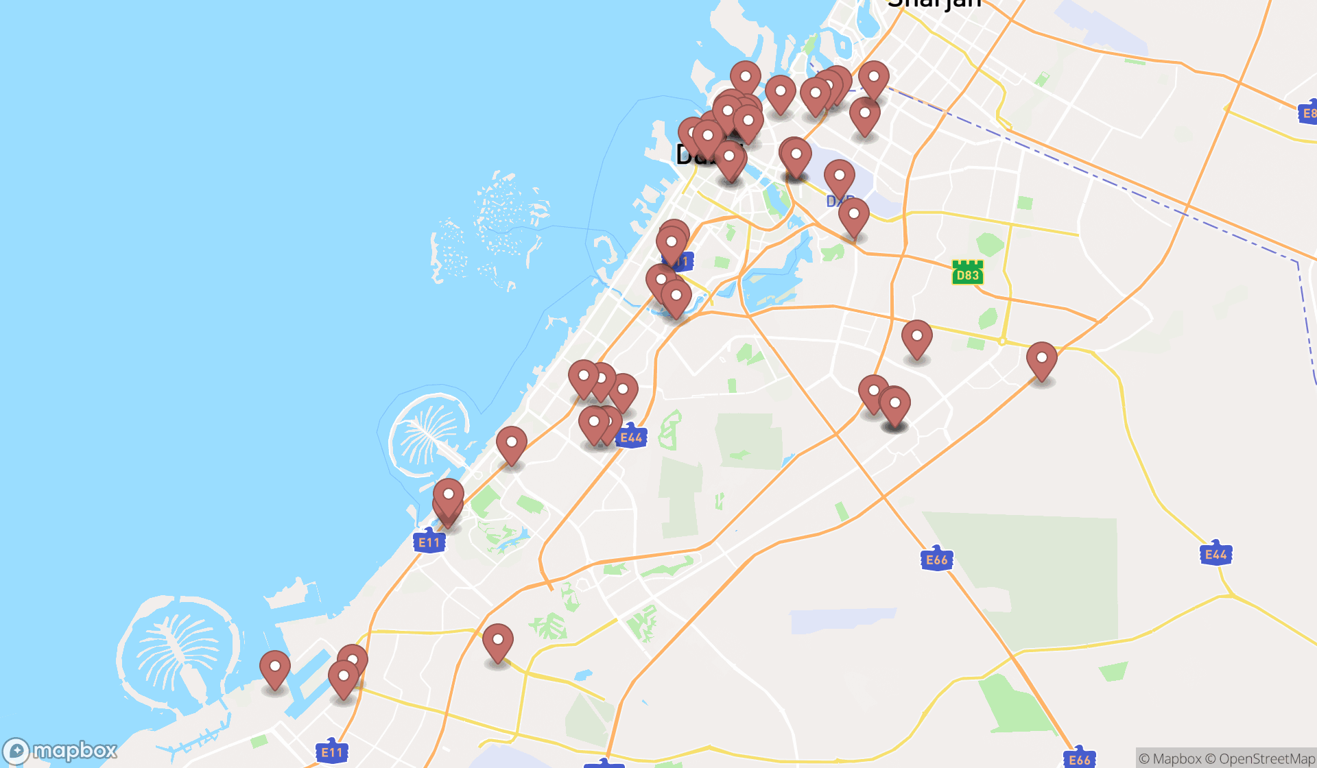 Map showing the search results in Dubai