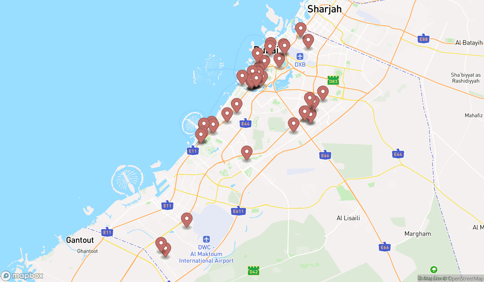 Map showing the search results in Dubai