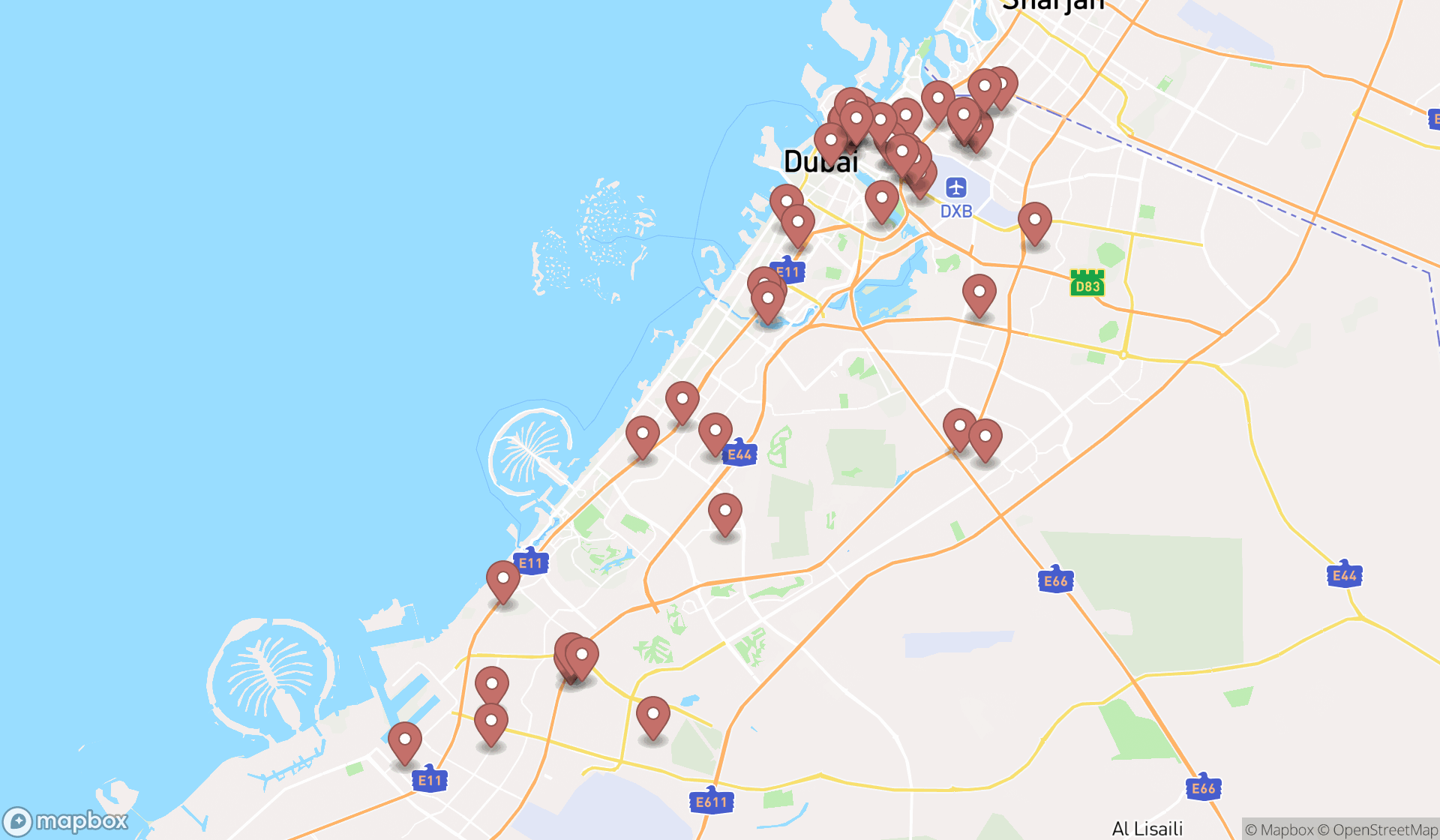 Map showing the search results in Dubai