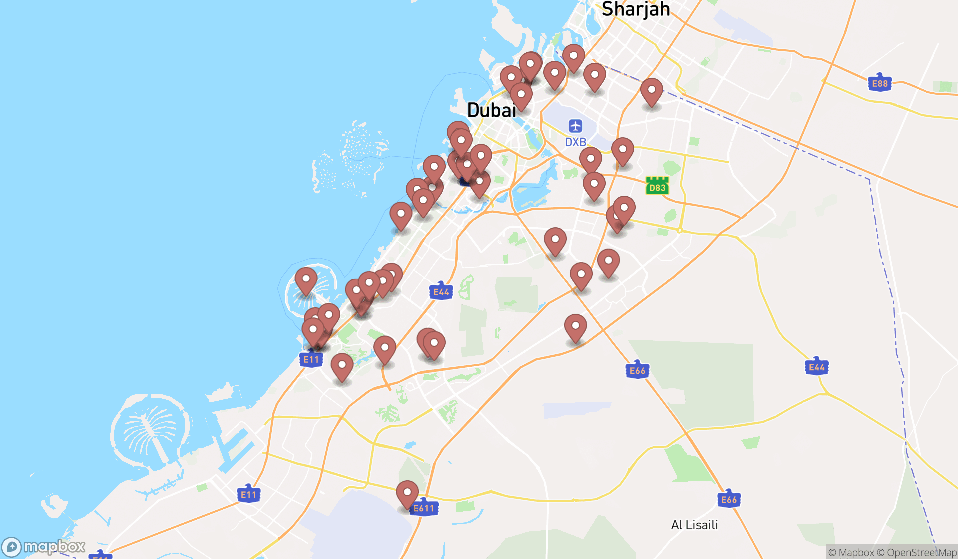 Map showing the search results in Dubai
