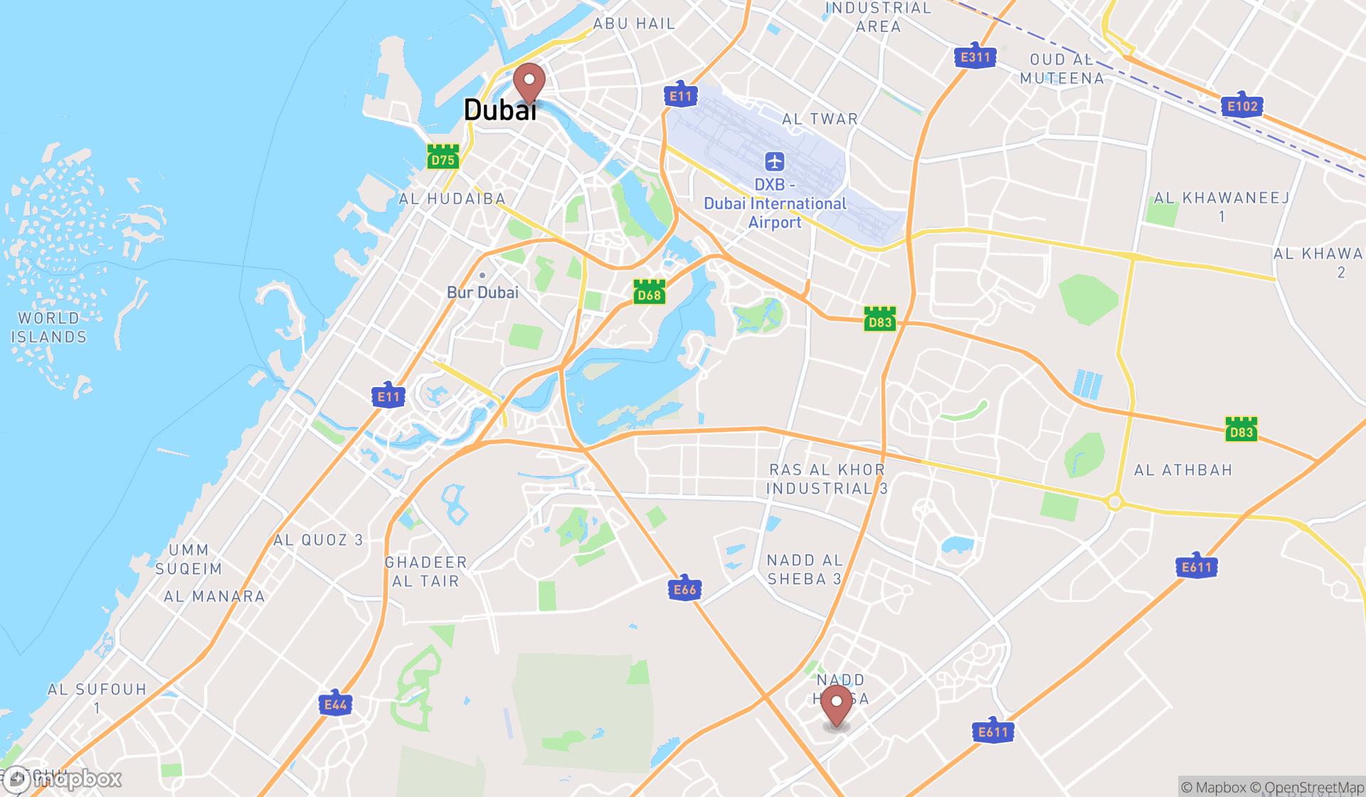 Map showing the search results in Dubai