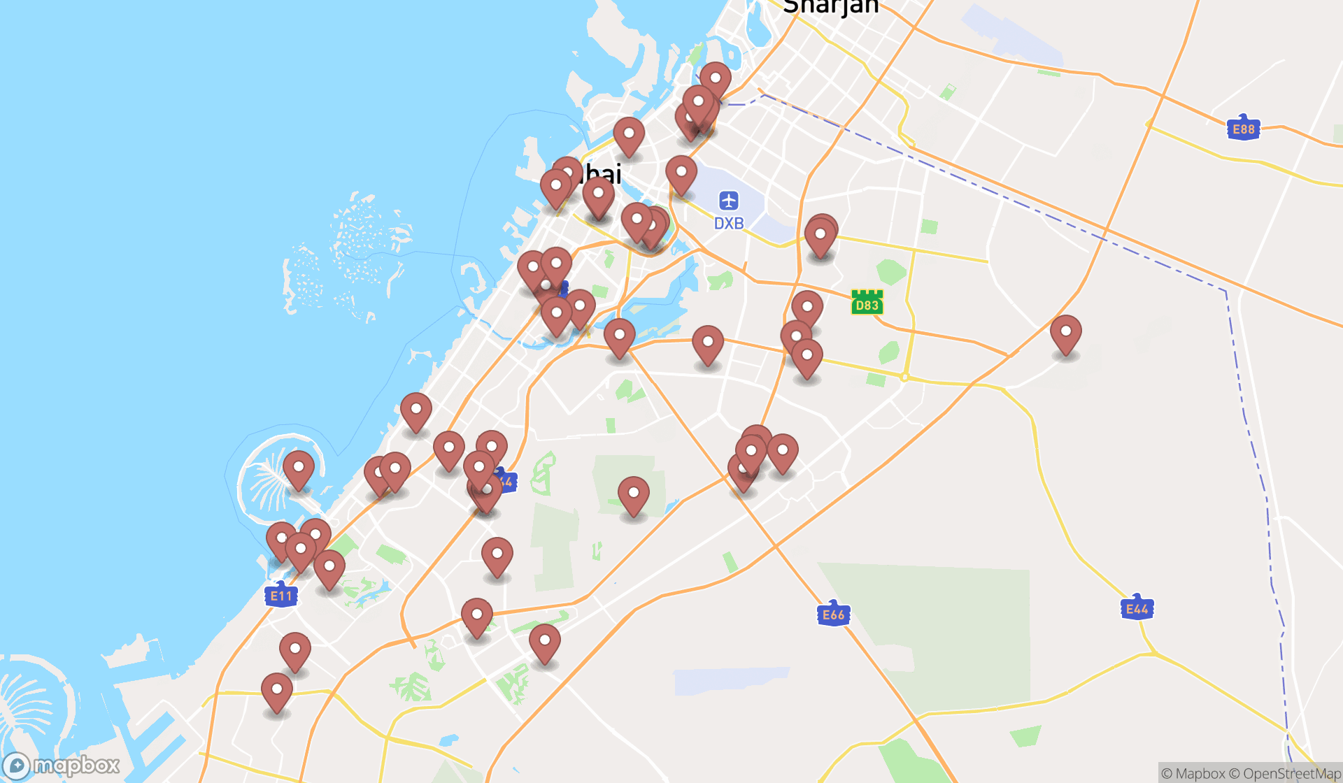 Map showing the search results in Dubai