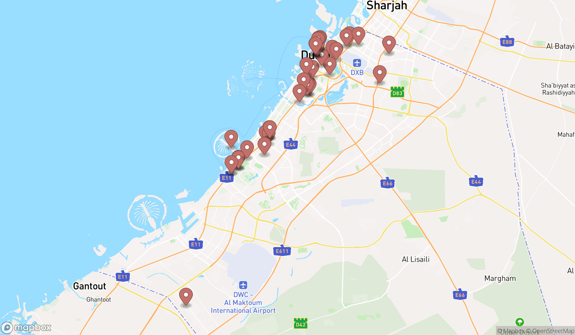 Map showing the search results in Dubai
