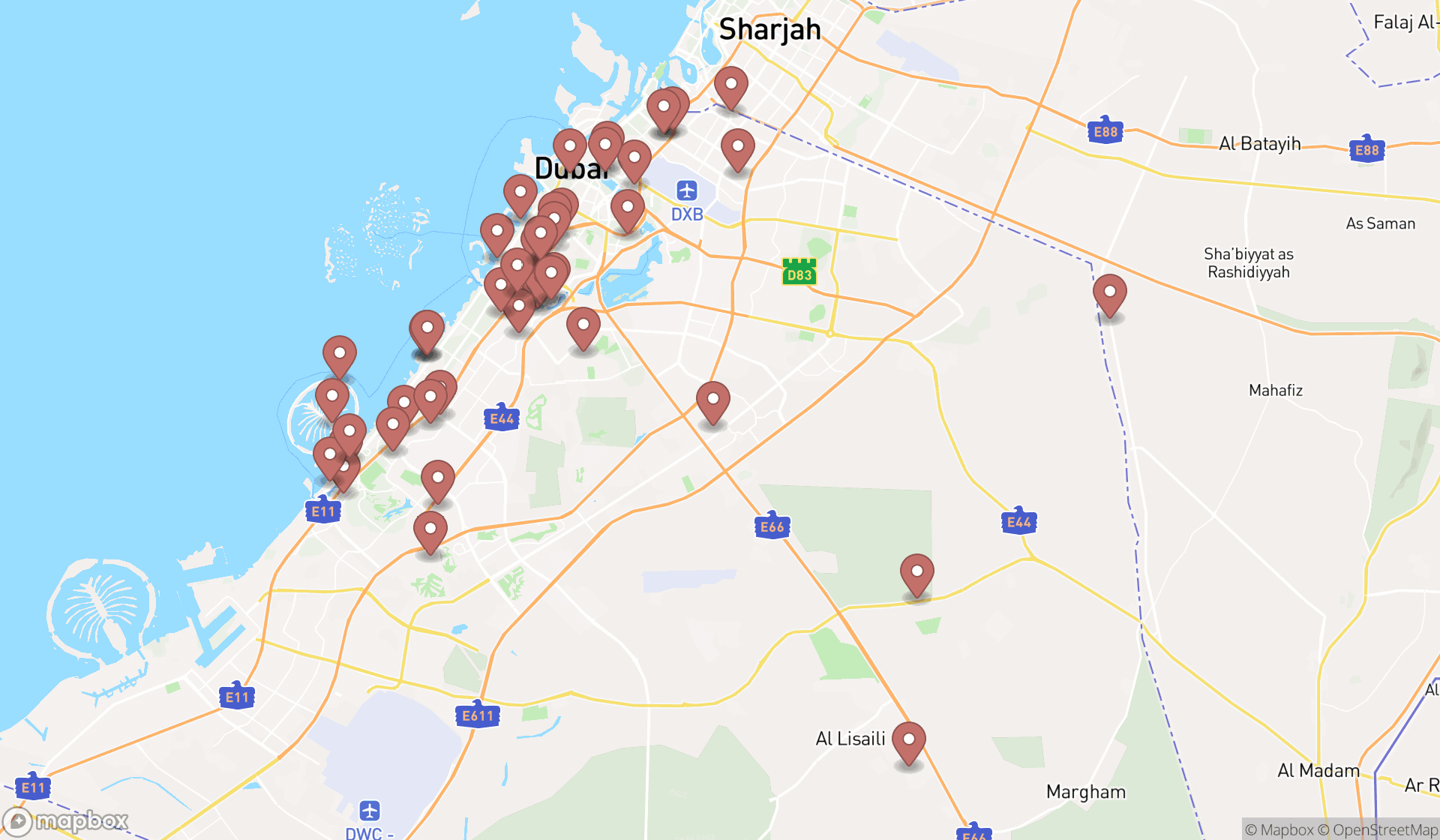 Map showing the search results in Dubai