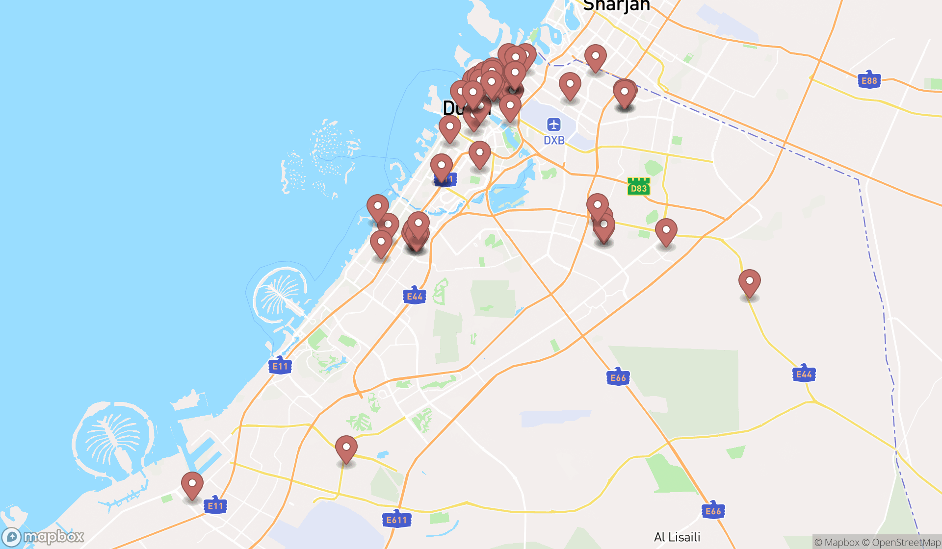 Map showing the search results in Dubai