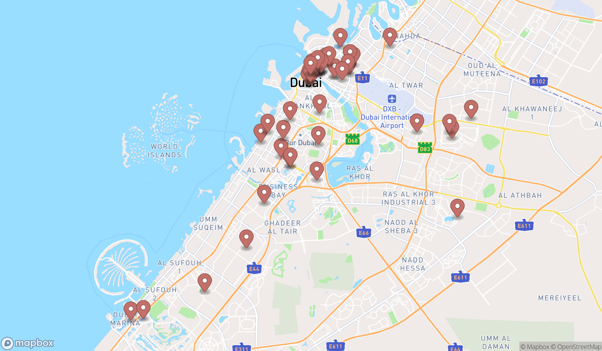 Map showing the search results in Dubai