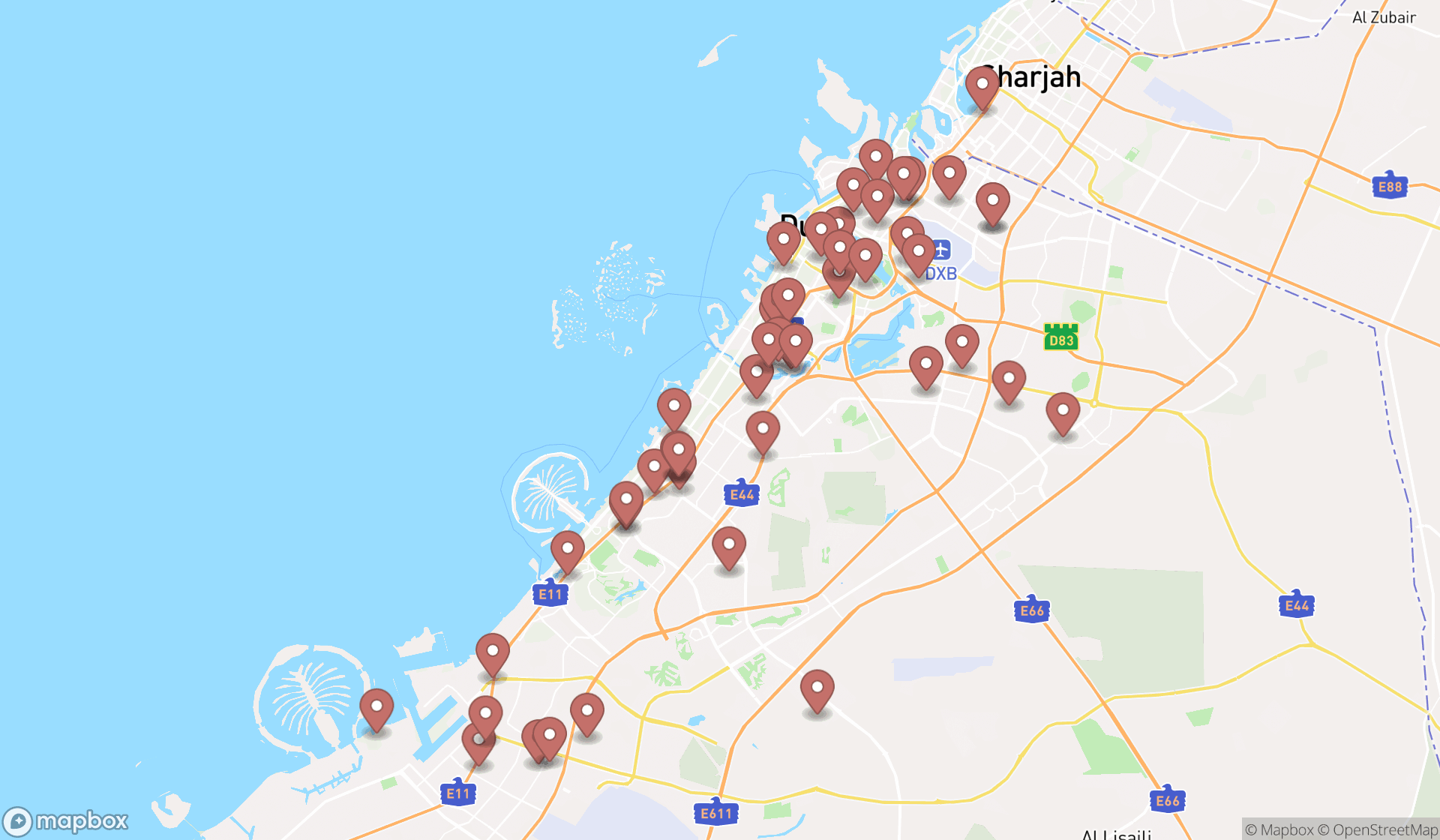 Map showing the search results in Dubai