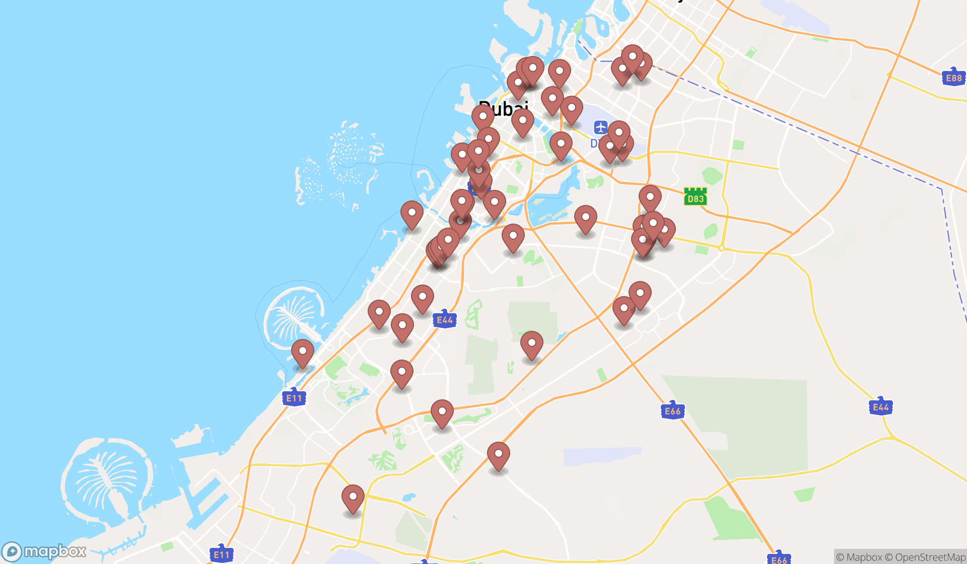 Map showing the search results in Dubai