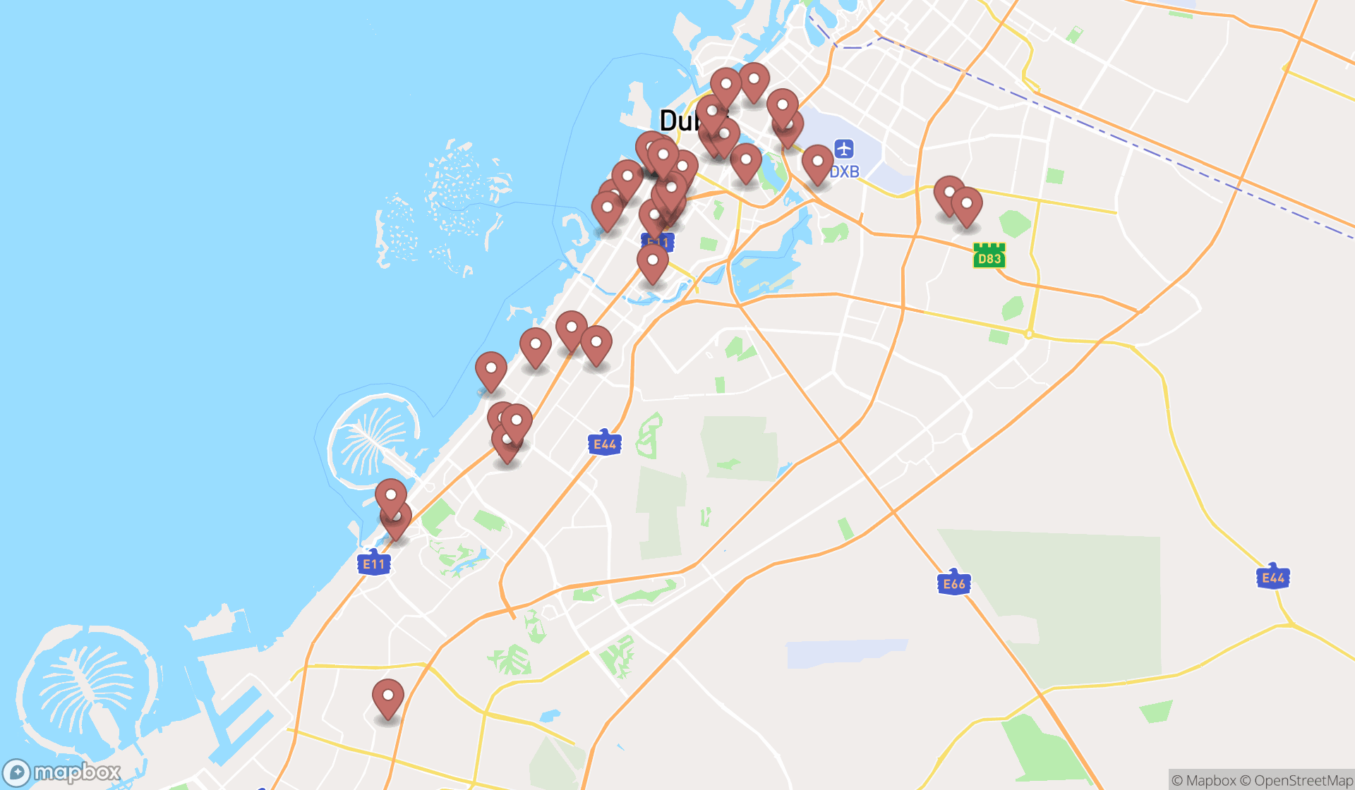 Map showing the search results in Dubai