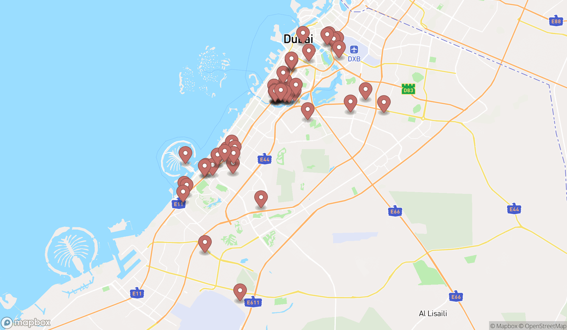 Map showing the search results in Dubai