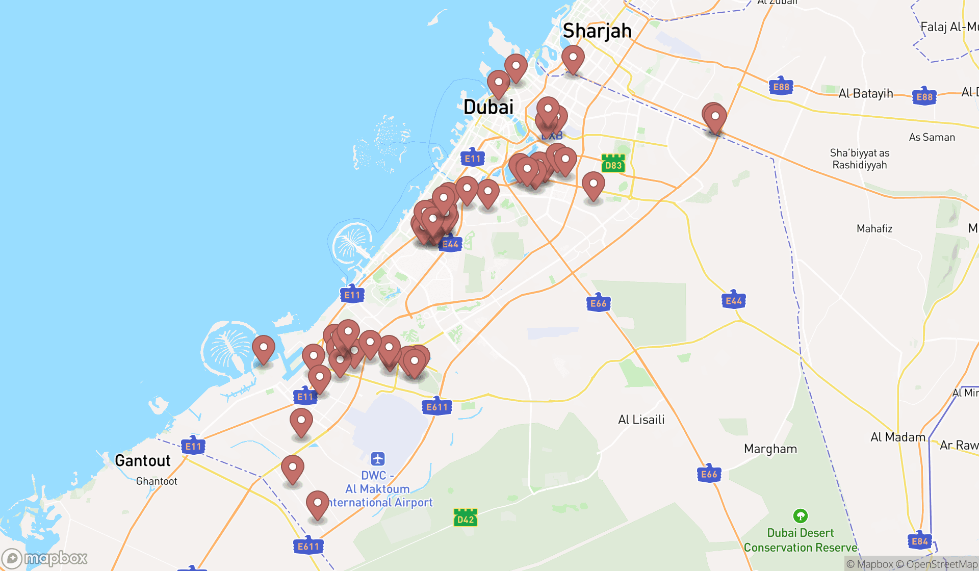 Map showing the search results in Dubai