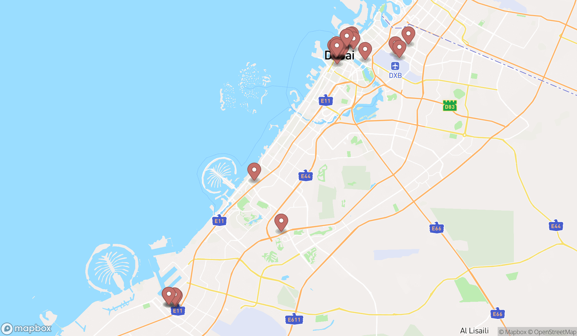 Map showing the search results in Dubai