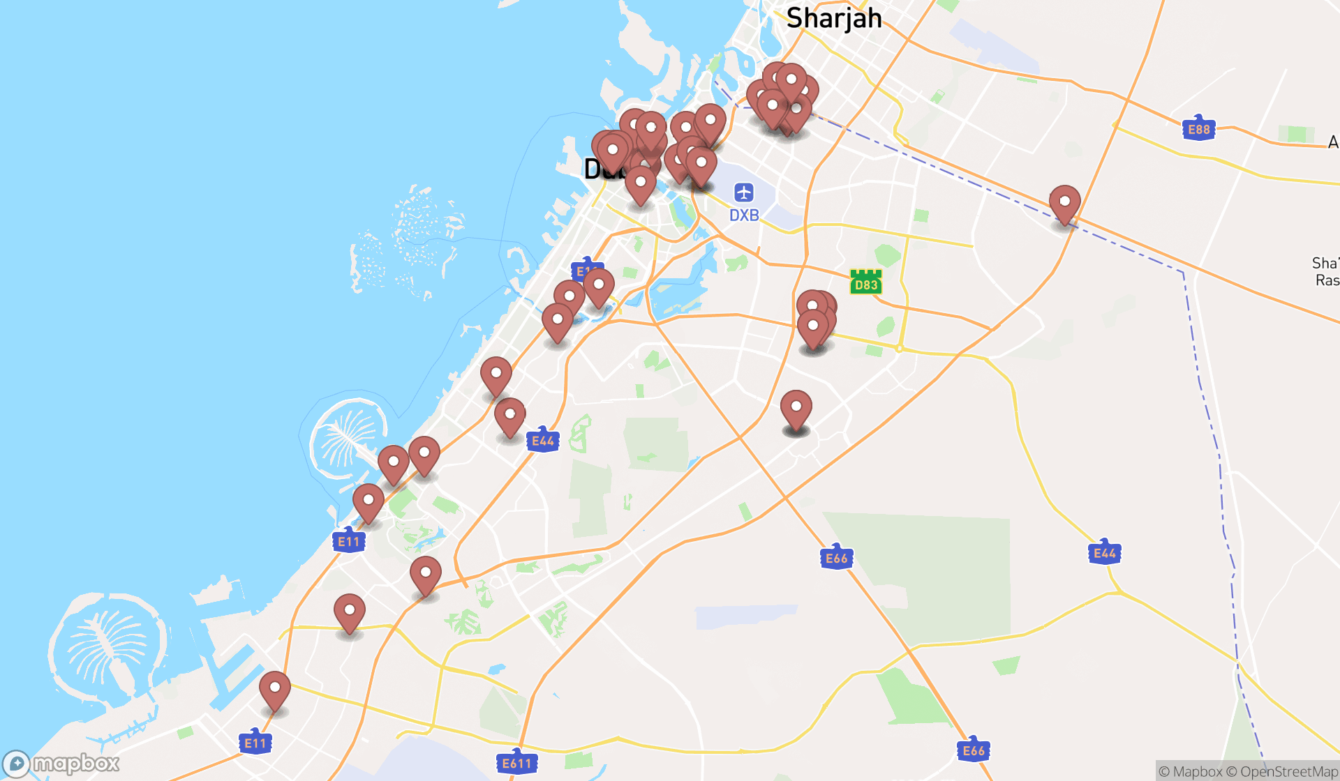 Map showing the search results in Dubai